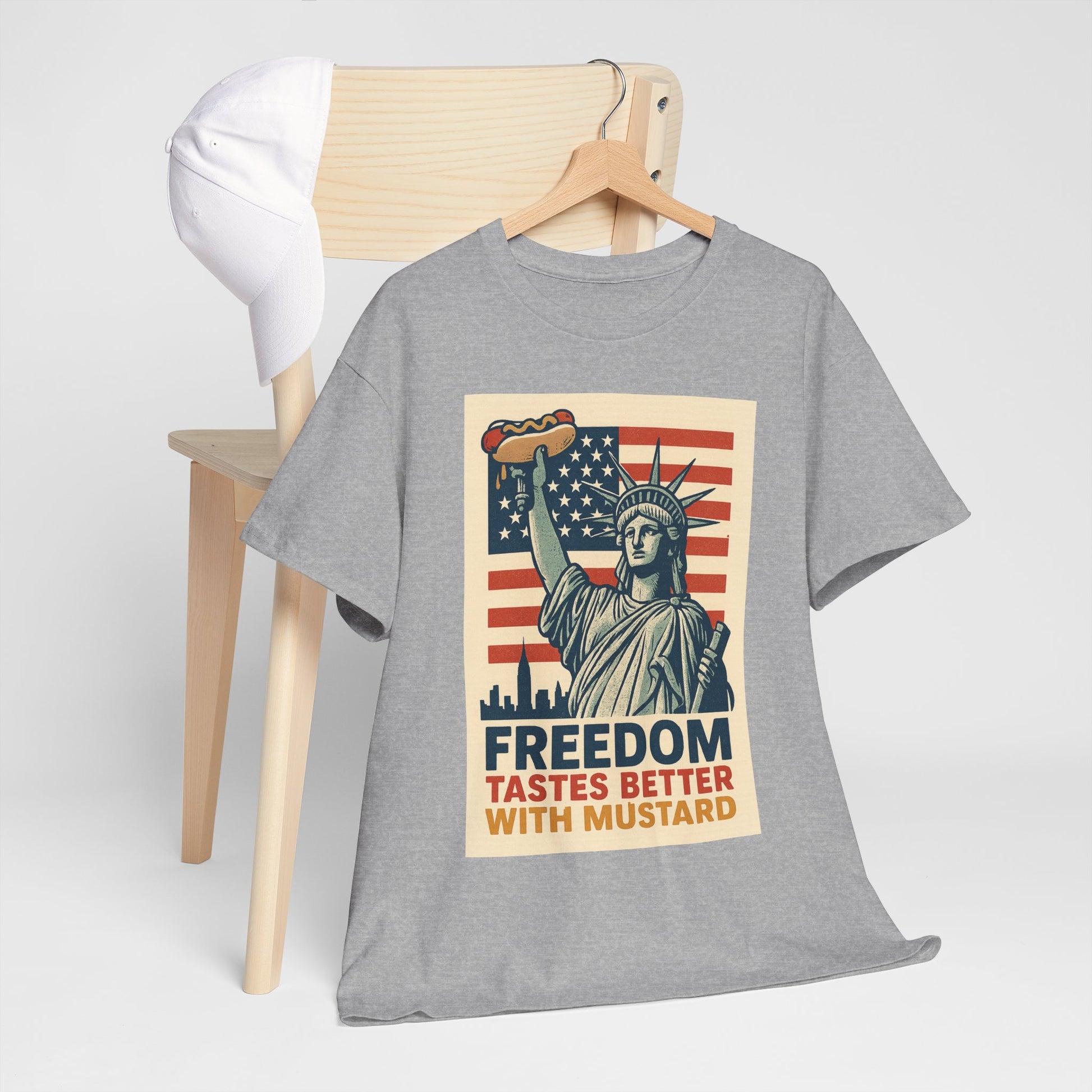Freedom Tastes Better With Mustard T-Shirt – Funny 4th of July Hot Dog Tee, Patriotic Graphic Shirt for Men & Women