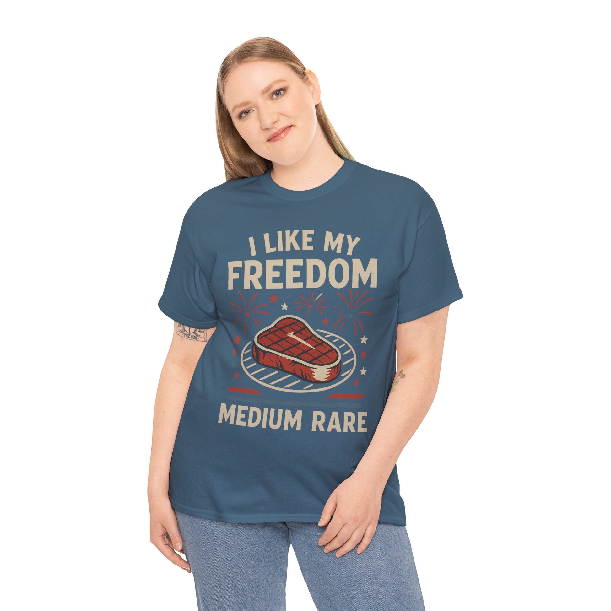 I Like My Freedom Medium Rare T-Shirt – Funny Patriotic BBQ Shirt for Men & Women, 4th of July USA Tee