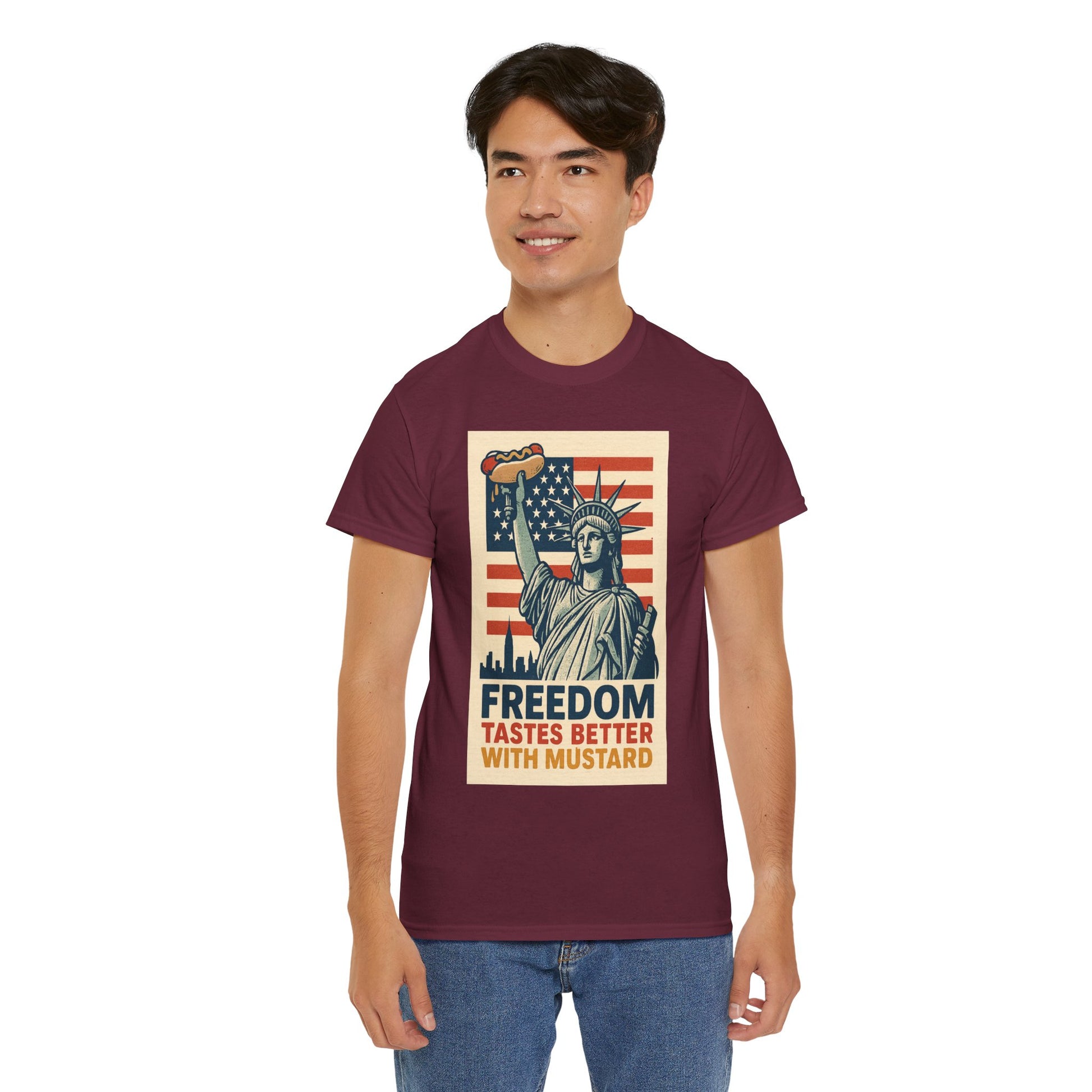 Freedom Tastes Better With Mustard T-Shirt – Funny 4th of July Hot Dog Tee, Patriotic Graphic Shirt for Men & Women