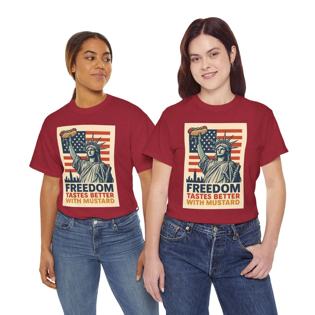 Freedom Tastes Better With Mustard T-Shirt – Funny 4th of July Hot Dog Tee, Patriotic Graphic Shirt for Men & Women