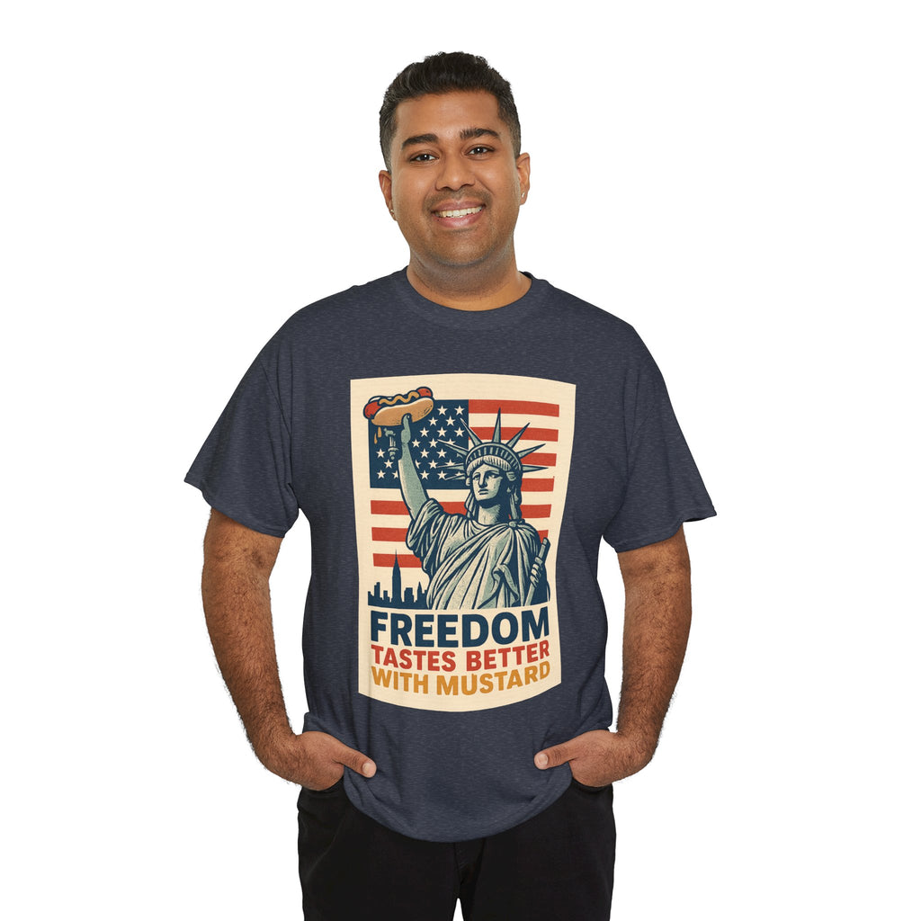 Freedom Tastes Better With Mustard T-Shirt – Funny 4th of July Hot Dog Tee, Patriotic Graphic Shirt for Men & Women