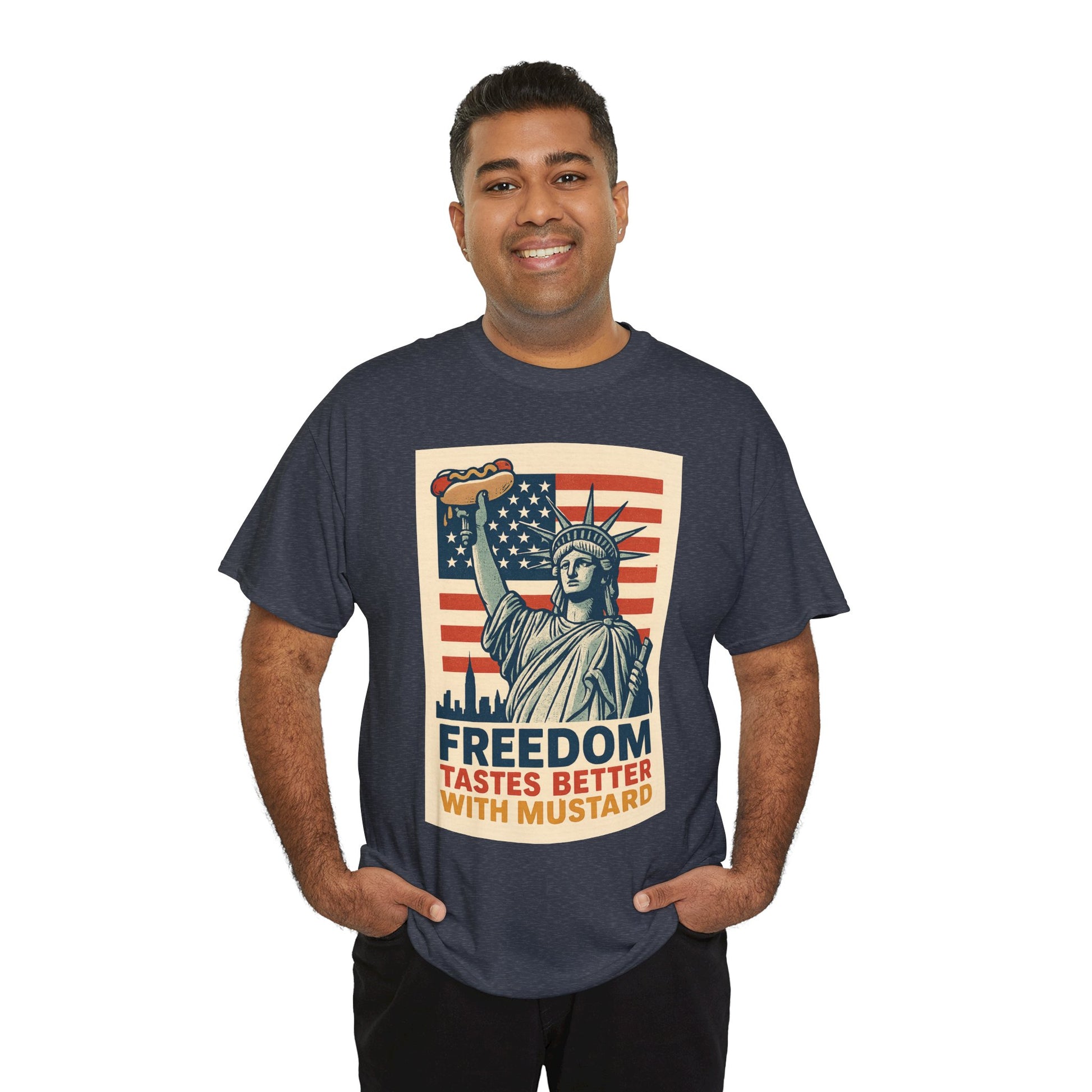 Freedom Tastes Better With Mustard T-Shirt – Funny 4th of July Hot Dog Tee, Patriotic Graphic Shirt for Men & Women
