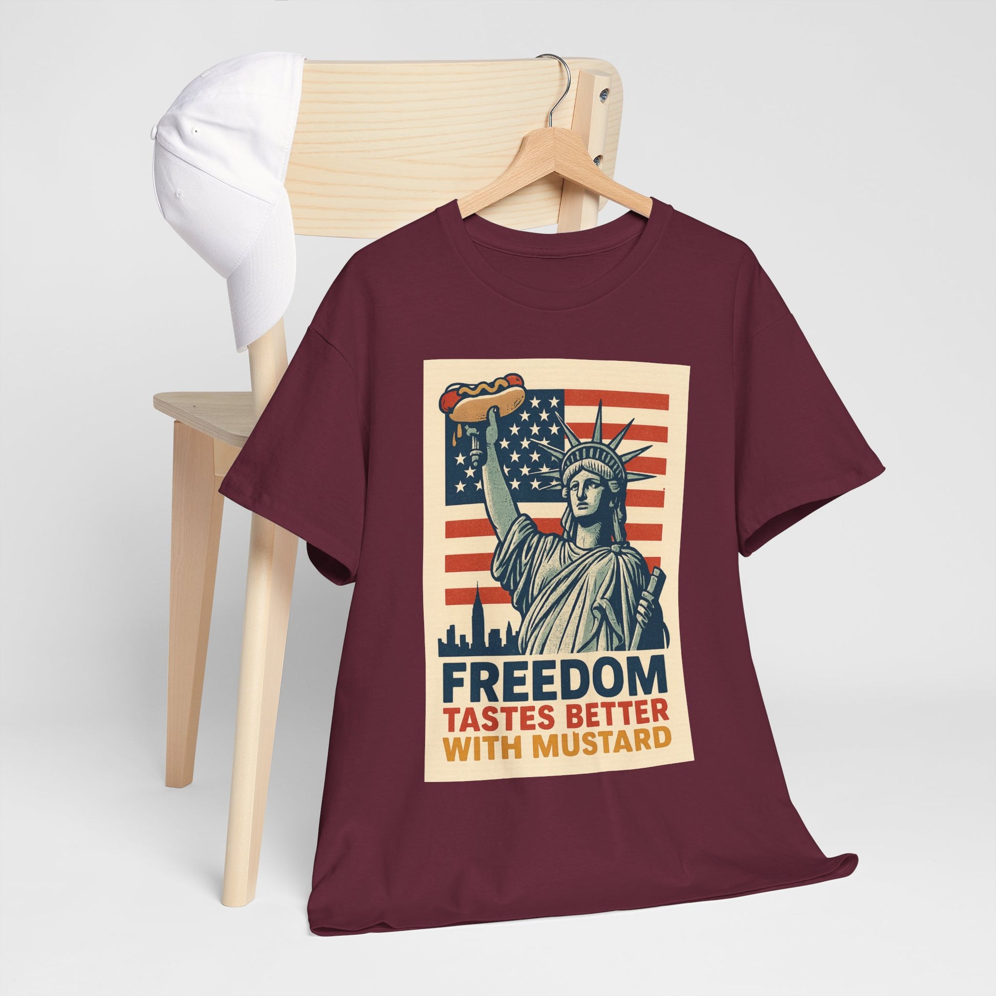 Freedom Tastes Better With Mustard T-Shirt – Funny 4th of July Hot Dog Tee, Patriotic Graphic Shirt for Men & Women