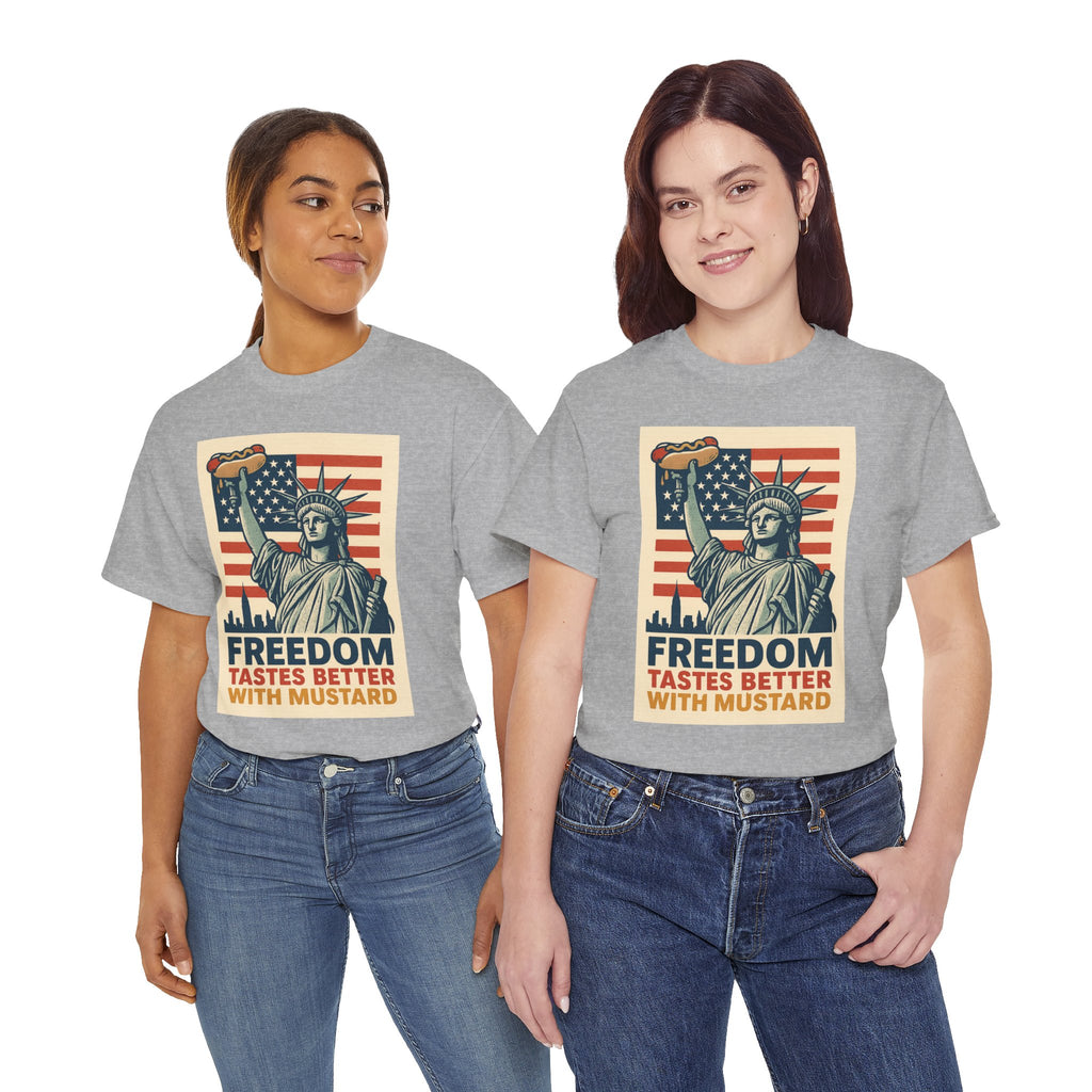 Freedom Tastes Better With Mustard T-Shirt – Funny 4th of July Hot Dog Tee, Patriotic Graphic Shirt for Men & Women