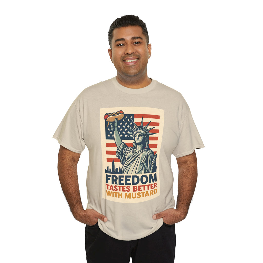 Freedom Tastes Better With Mustard T-Shirt – Funny 4th of July Hot Dog Tee, Patriotic Graphic Shirt for Men & Women