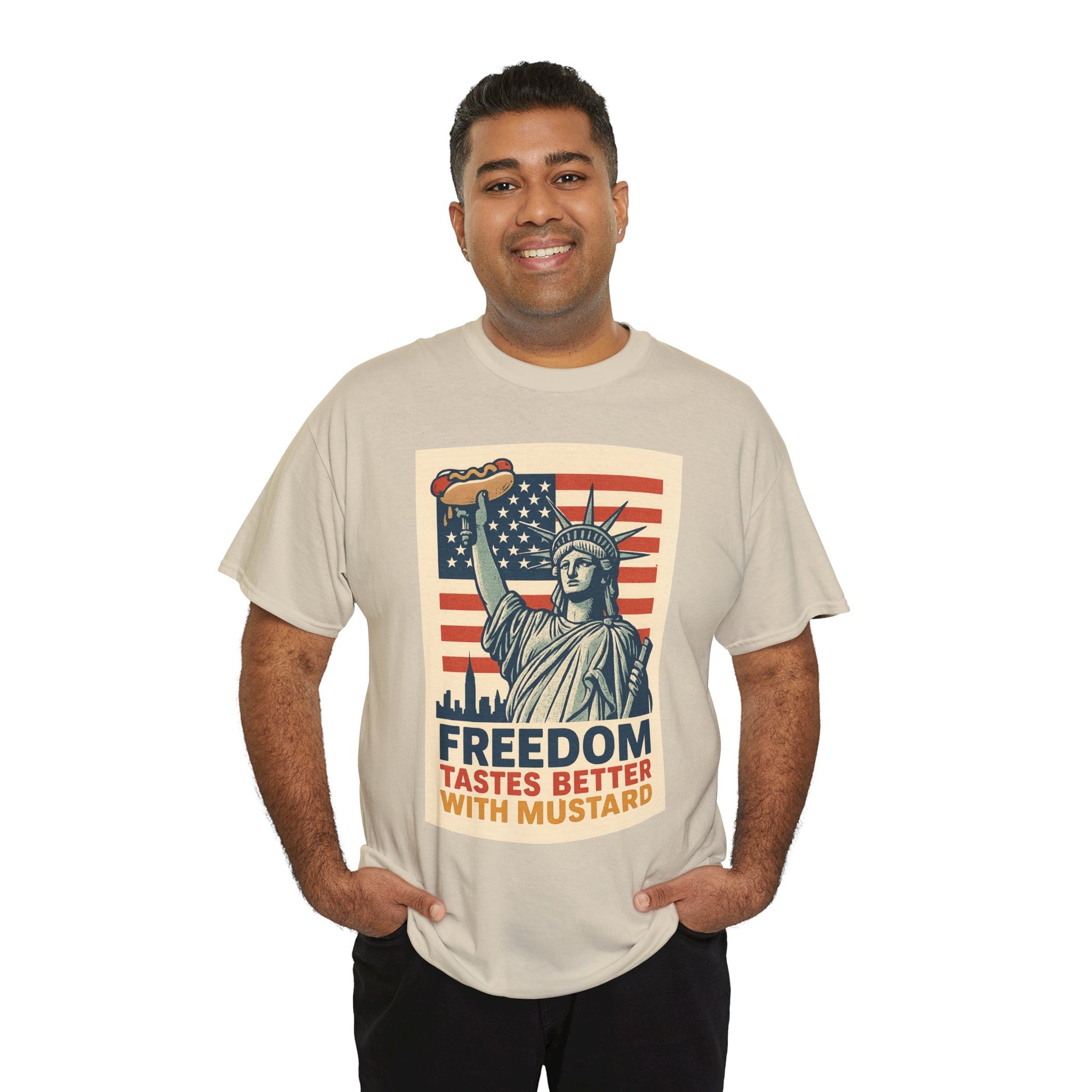 Freedom Tastes Better With Mustard T-Shirt – Funny 4th of July Hot Dog Tee, Patriotic Graphic Shirt for Men & Women