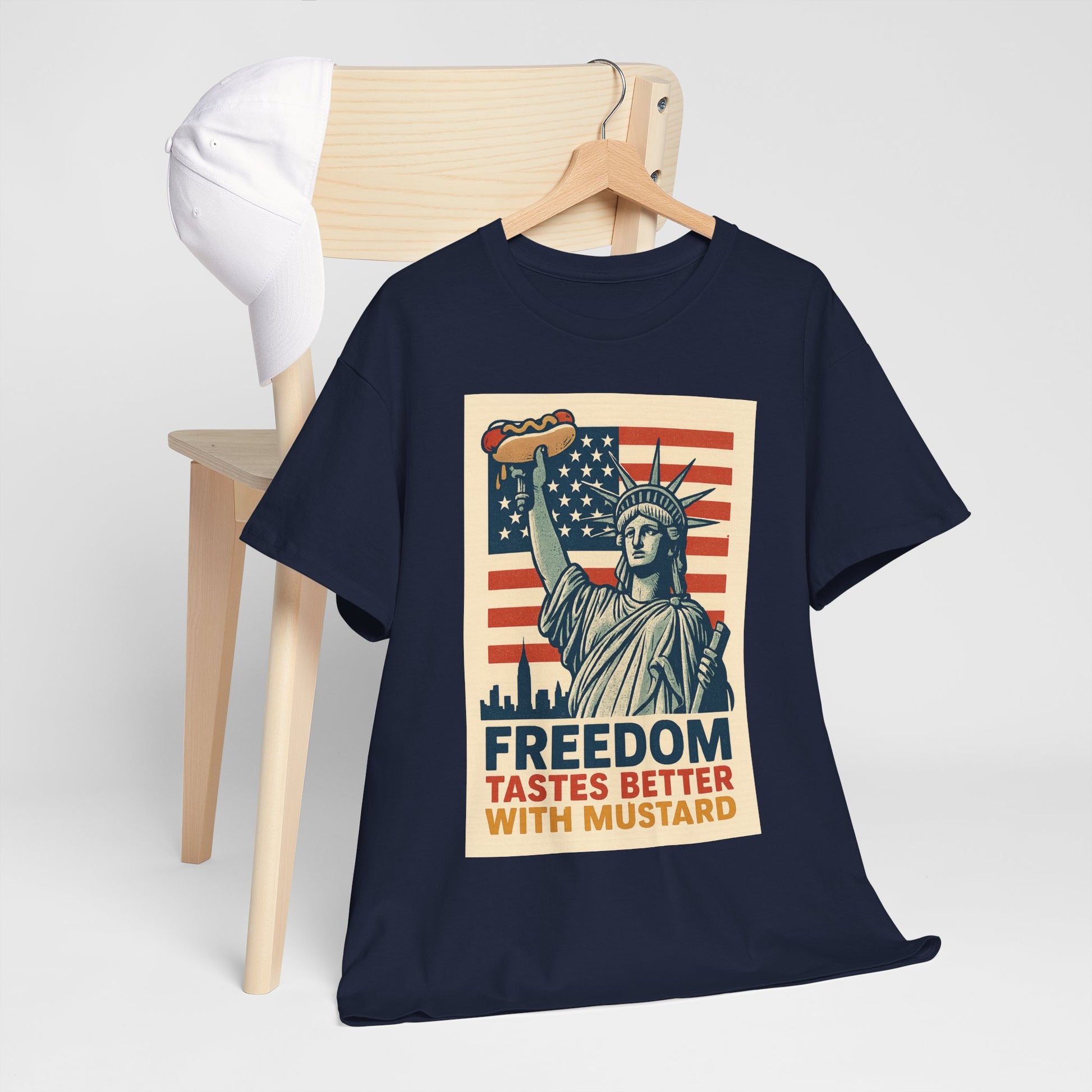 Freedom Tastes Better With Mustard T-Shirt – Funny 4th of July Hot Dog Tee, Patriotic Graphic Shirt for Men & Women