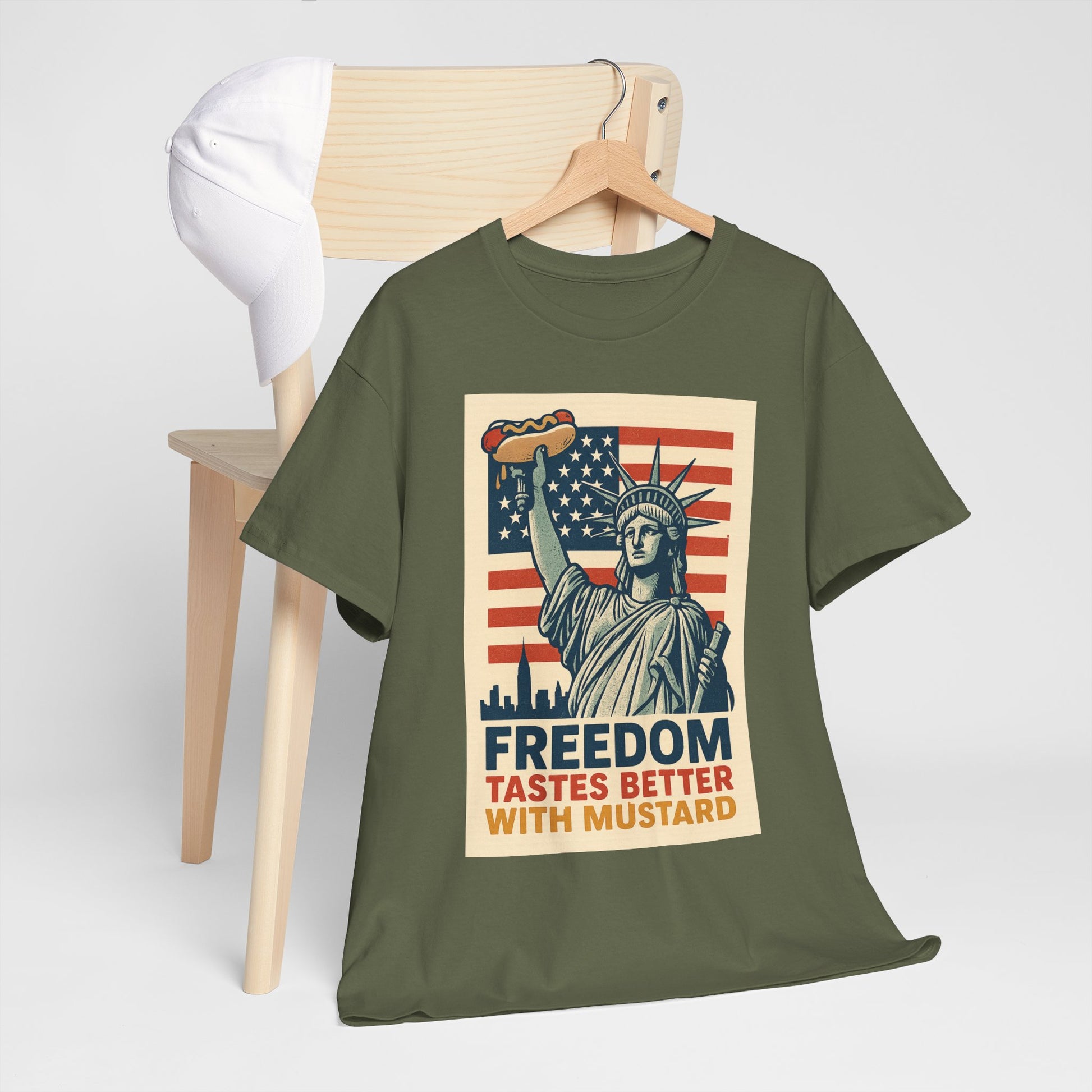 Freedom Tastes Better With Mustard T-Shirt – Funny 4th of July Hot Dog Tee, Patriotic Graphic Shirt for Men & Women