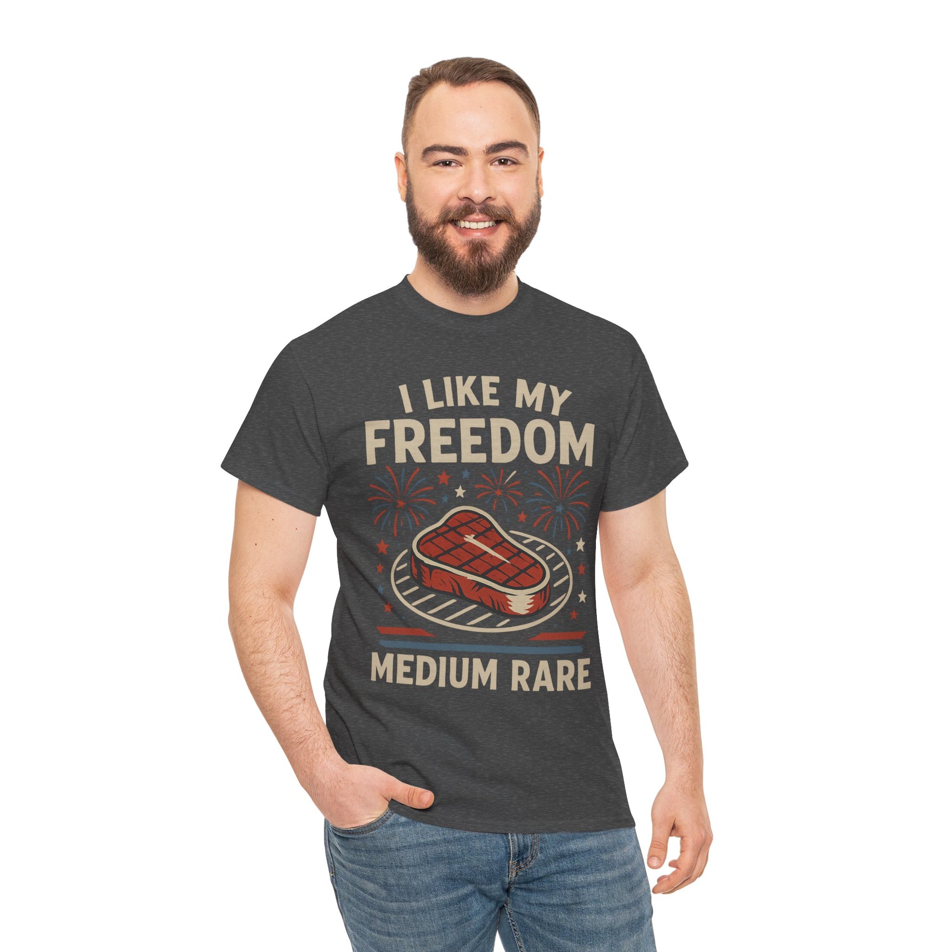 I Like My Freedom Medium Rare T-Shirt – Funny Patriotic BBQ Shirt for Men & Women, 4th of July USA Tee