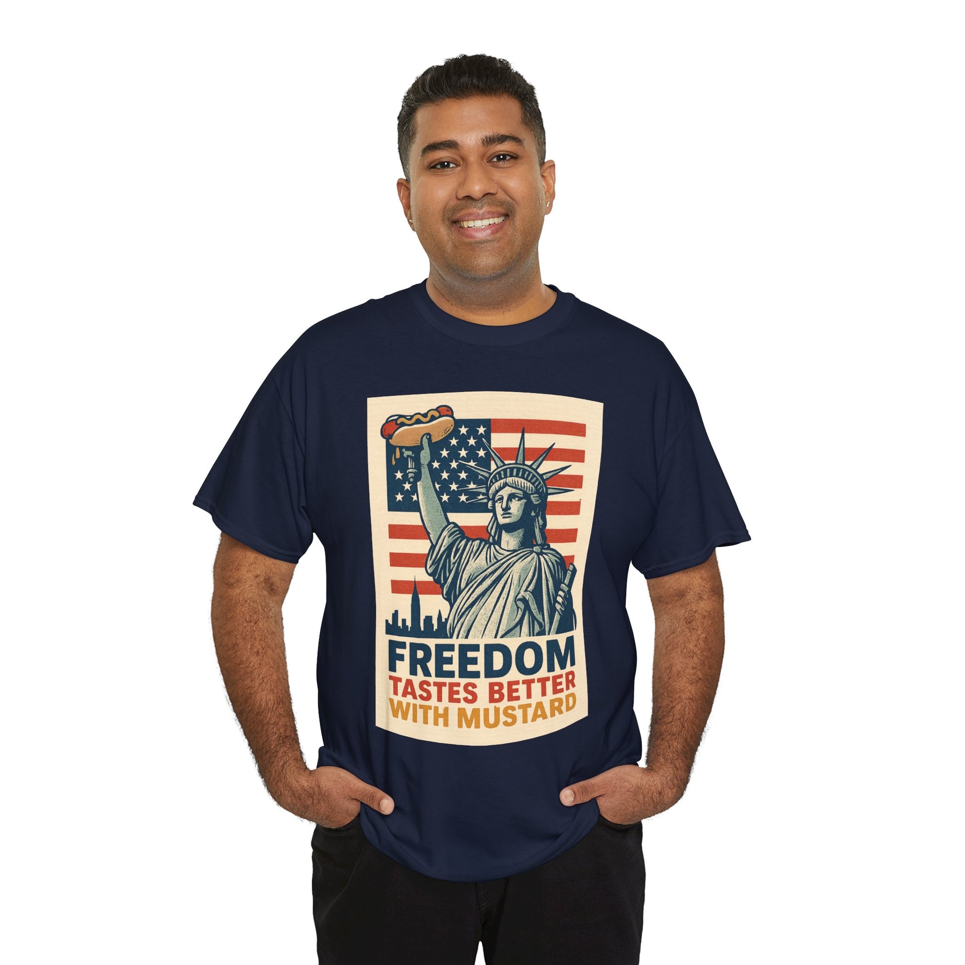 Freedom Tastes Better With Mustard T-Shirt – Funny 4th of July Hot Dog Tee, Patriotic Graphic Shirt for Men & Women