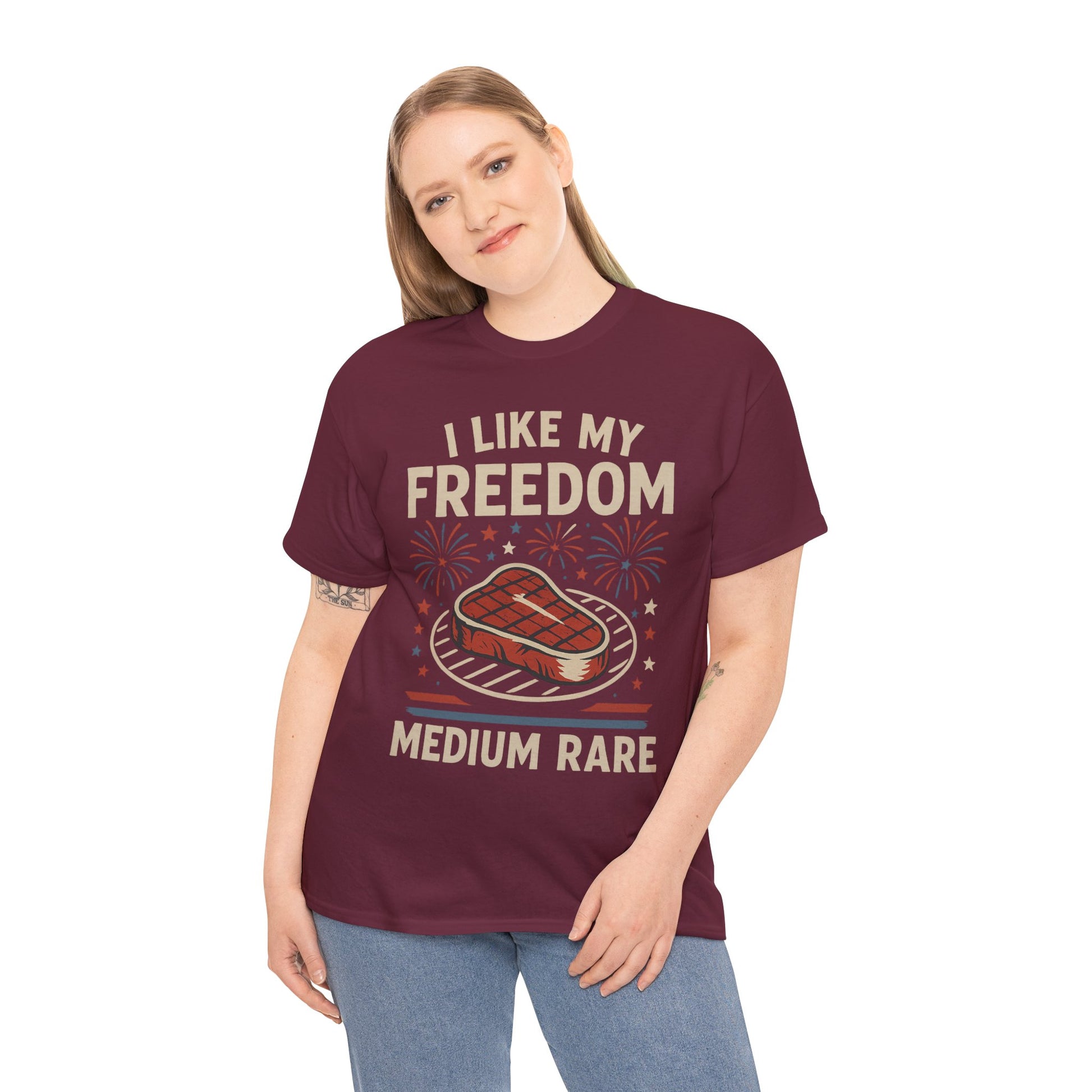 I Like My Freedom Medium Rare T-Shirt – Funny Patriotic BBQ Shirt for Men & Women, 4th of July USA Tee