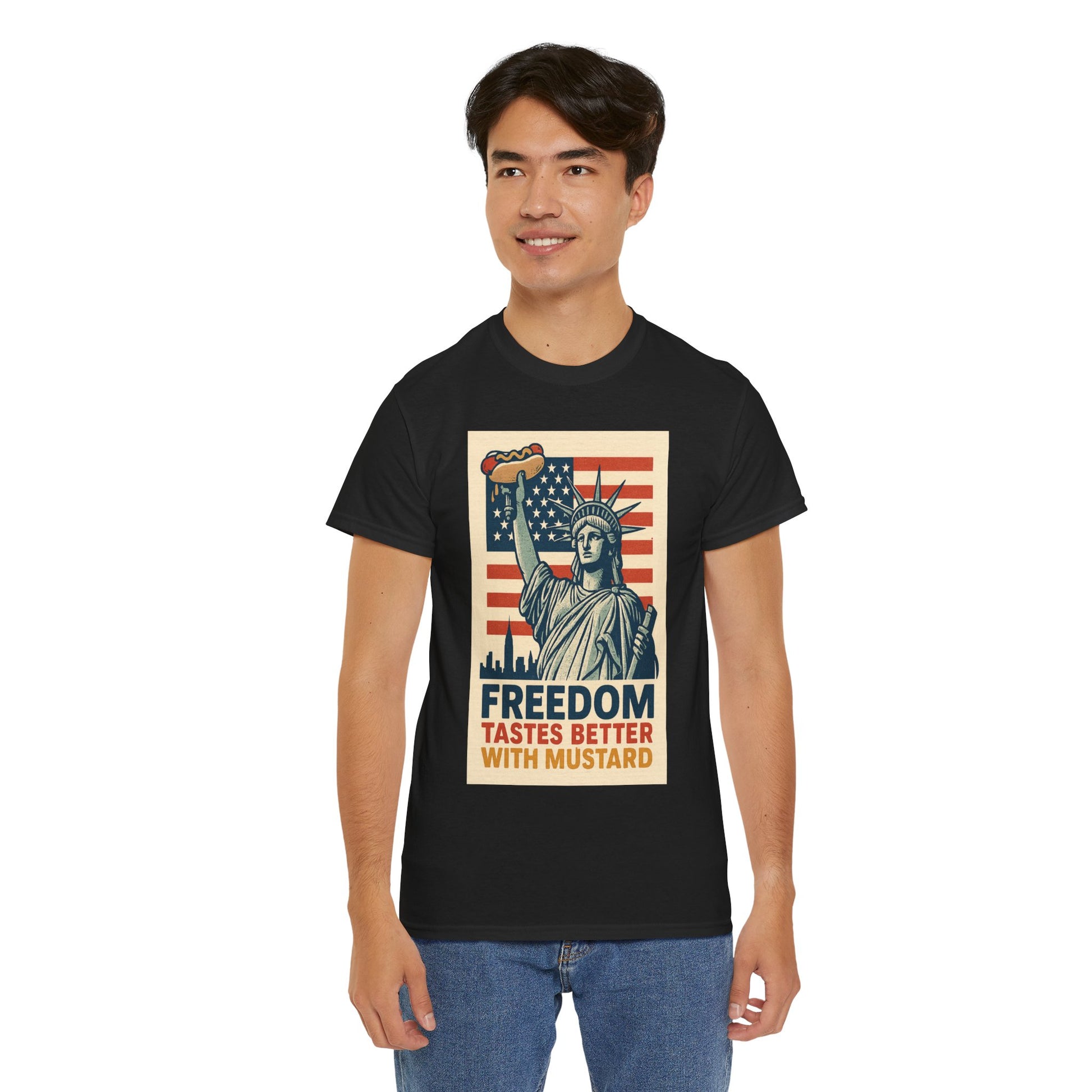 Freedom Tastes Better With Mustard T-Shirt – Funny 4th of July Hot Dog Tee, Patriotic Graphic Shirt for Men & Women
