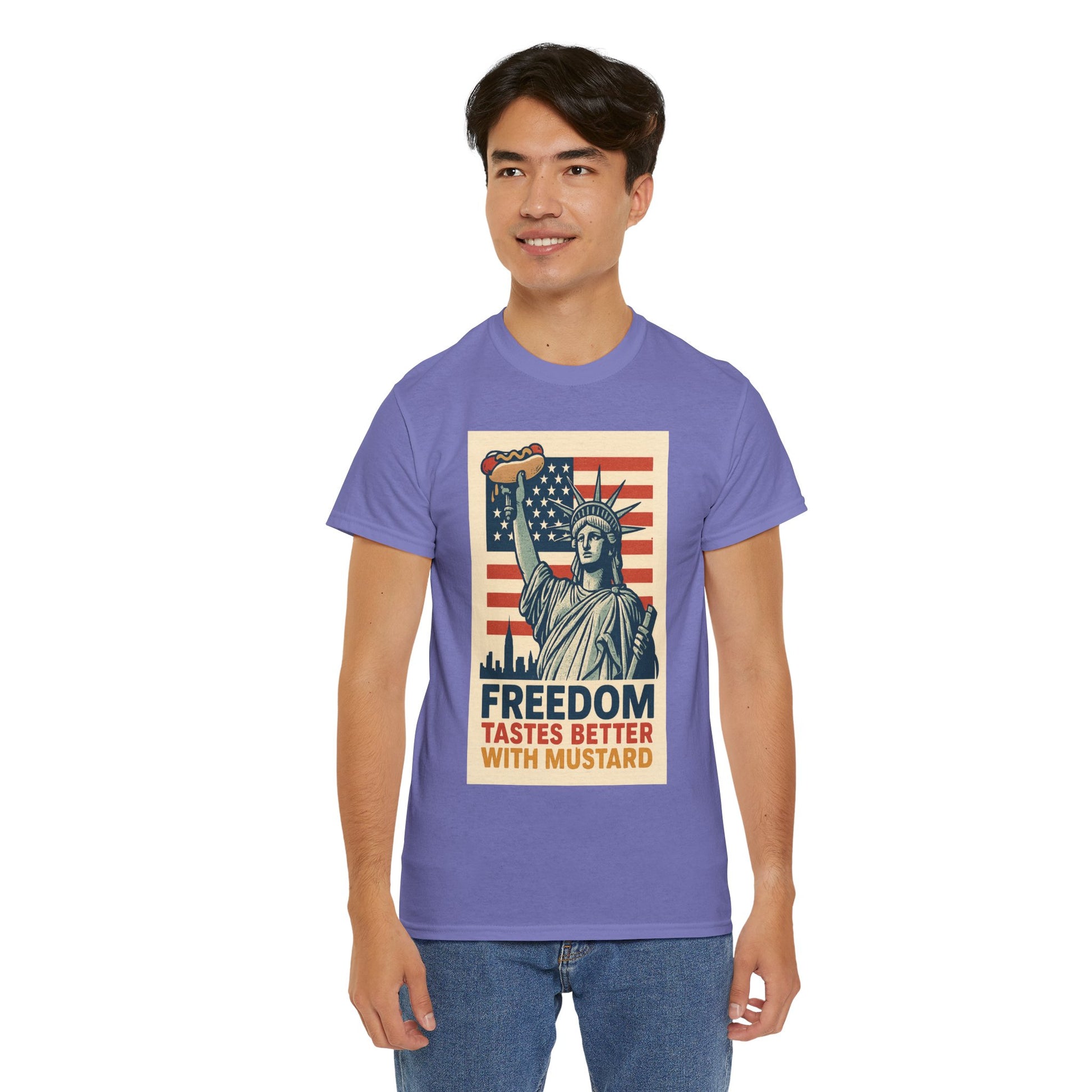 Freedom Tastes Better With Mustard T-Shirt – Funny 4th of July Hot Dog Tee, Patriotic Graphic Shirt for Men & Women