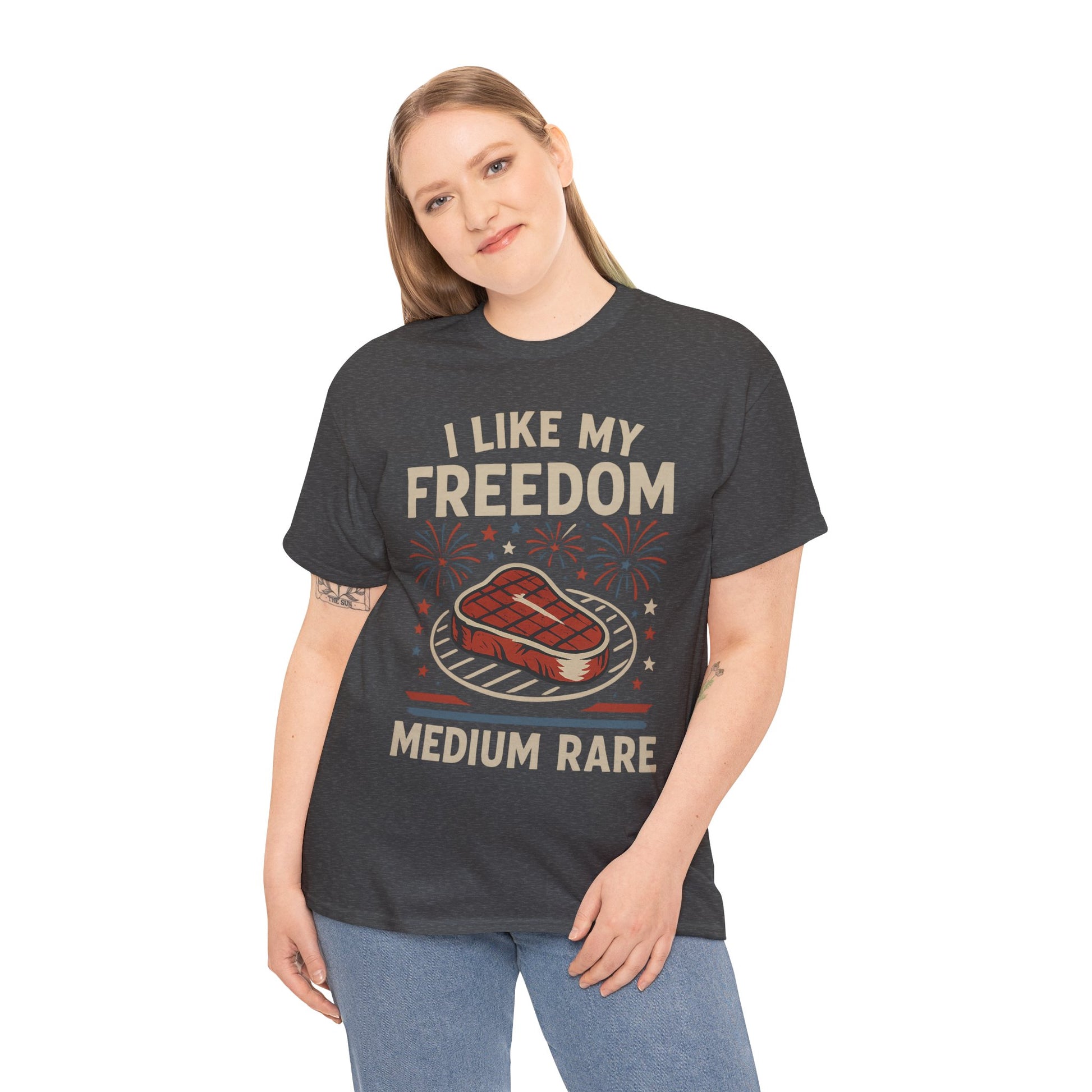 I Like My Freedom Medium Rare T-Shirt – Funny Patriotic BBQ Shirt for Men & Women, 4th of July USA Tee