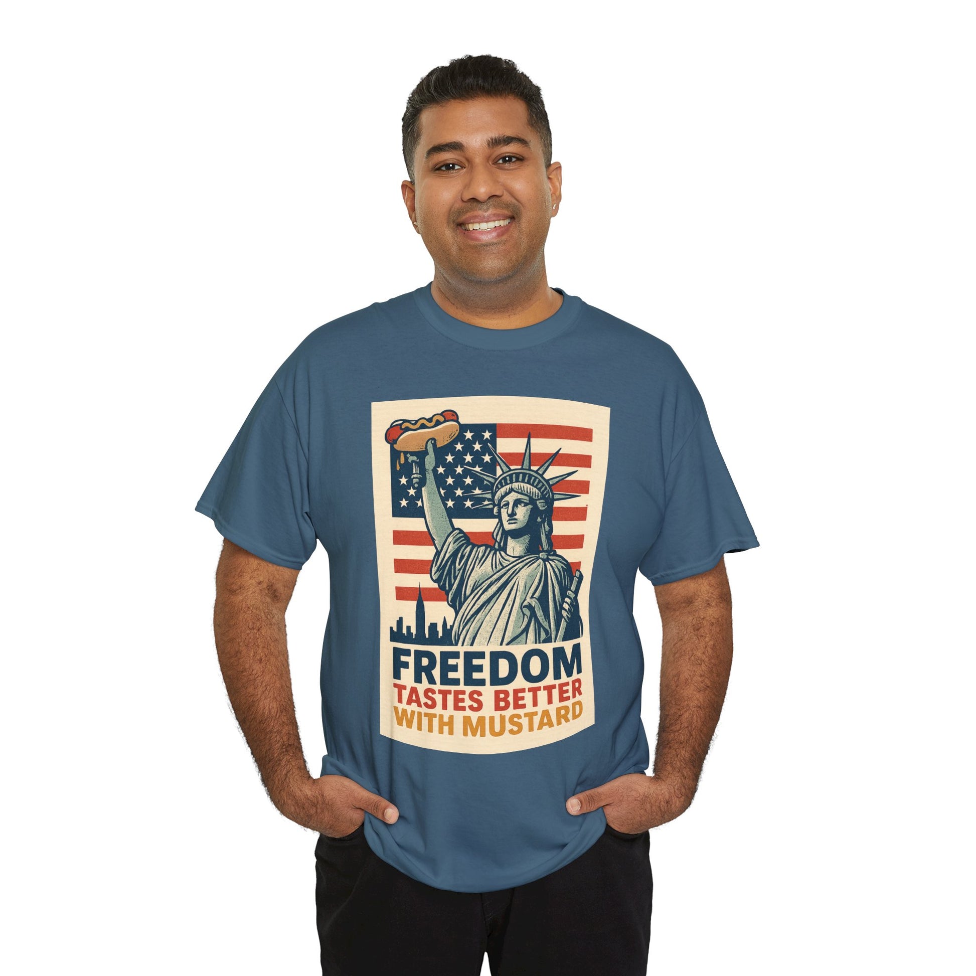 Freedom Tastes Better With Mustard T-Shirt – Funny 4th of July Hot Dog Tee, Patriotic Graphic Shirt for Men & Women
