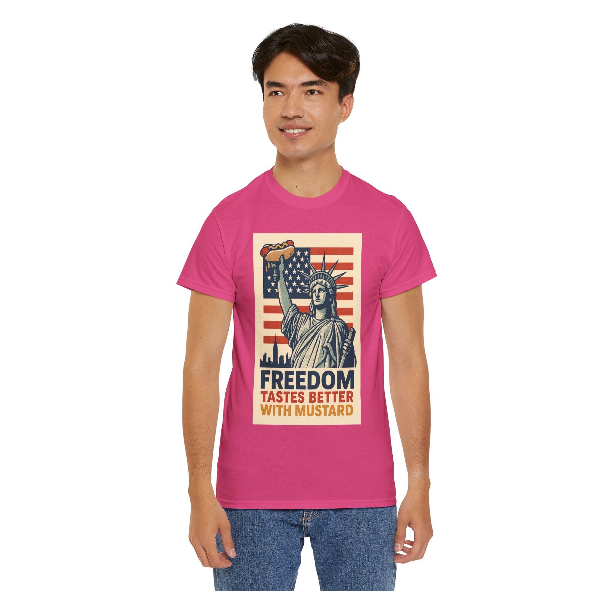 Freedom Tastes Better With Mustard T-Shirt – Funny 4th of July Hot Dog Tee, Patriotic Graphic Shirt for Men & Women