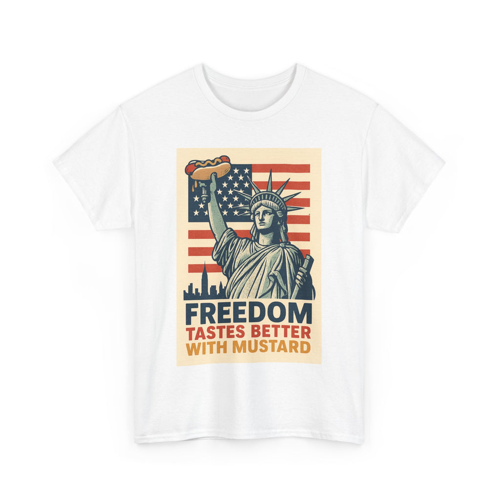 Freedom Tastes Better With Mustard T-Shirt – Funny 4th of July Hot Dog Tee, Patriotic Graphic Shirt for Men & Women