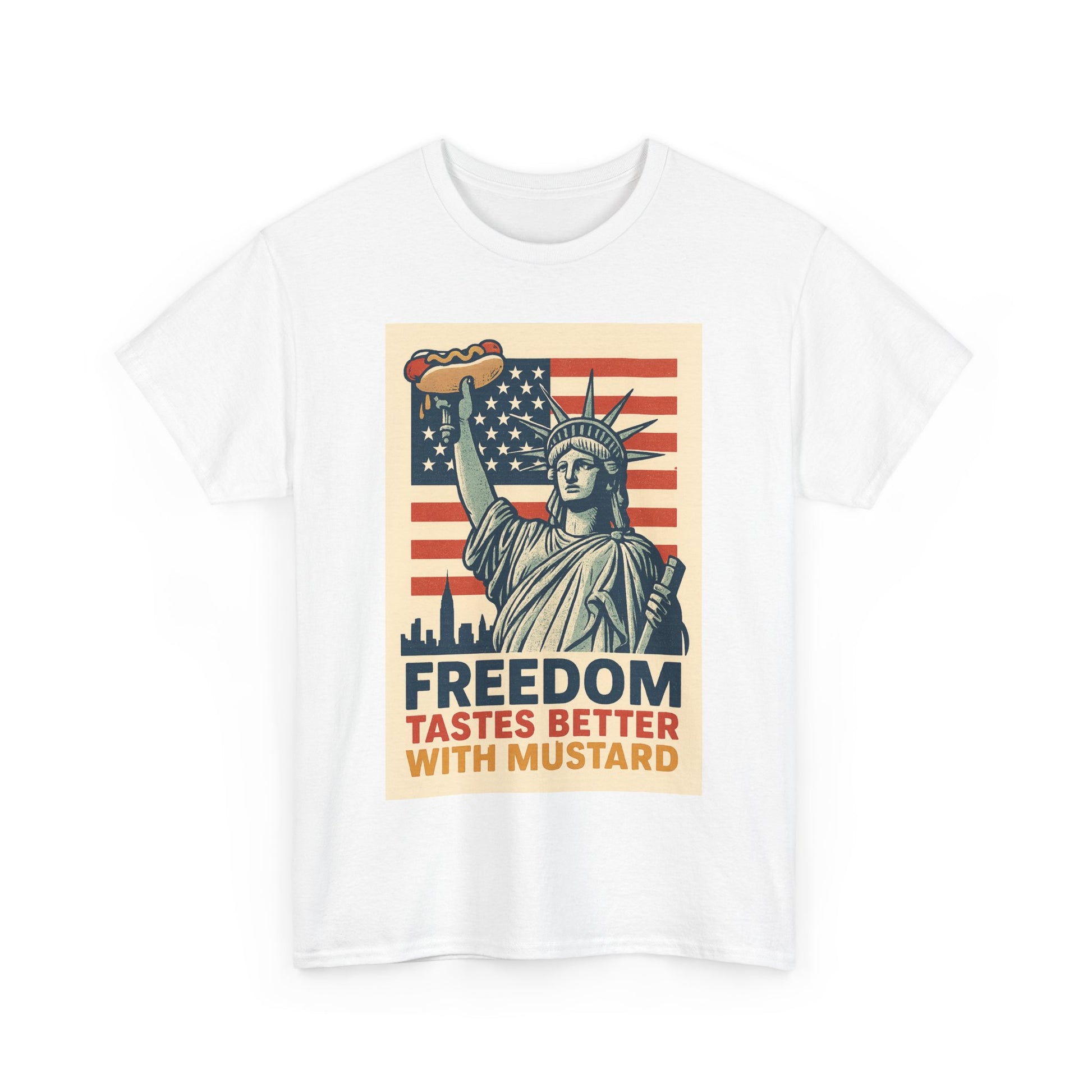 Freedom Tastes Better With Mustard T-Shirt – Funny 4th of July Hot Dog Tee, Patriotic Graphic Shirt for Men & Women