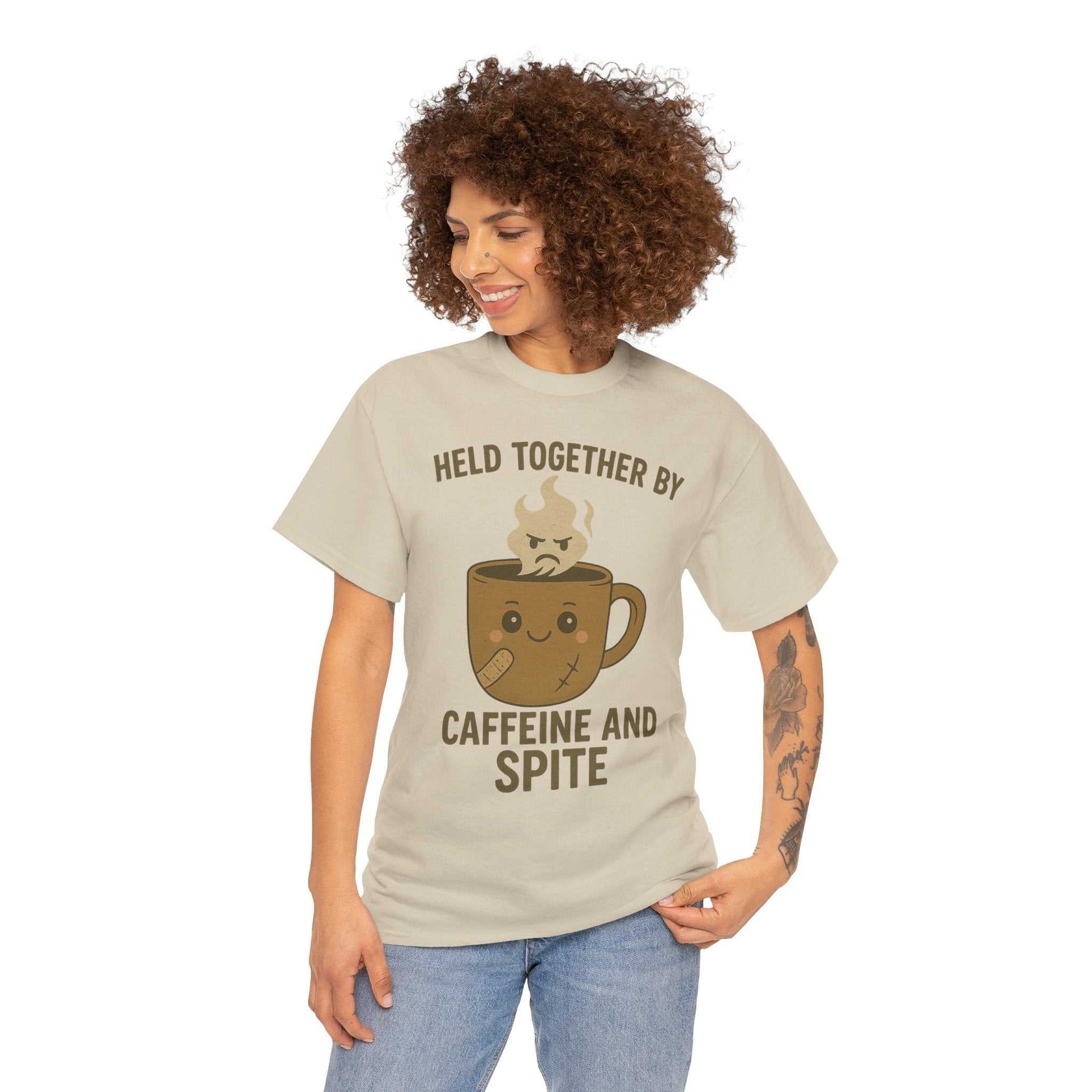 Held Together by Caffeine and Spite T-Shirt – Funny Unisex Tee