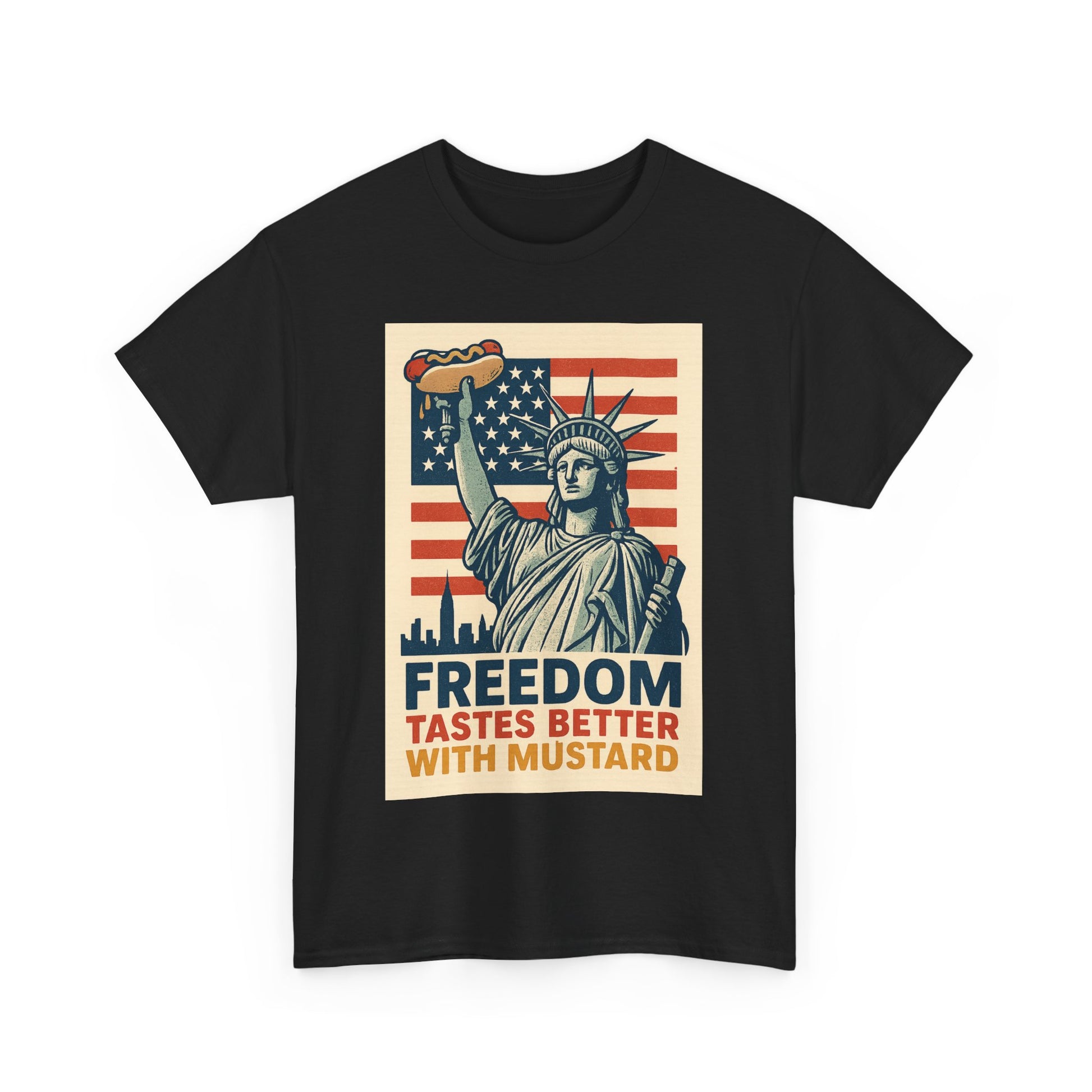Freedom Tastes Better With Mustard T-Shirt – Funny 4th of July Hot Dog Tee, Patriotic Graphic Shirt for Men & Women