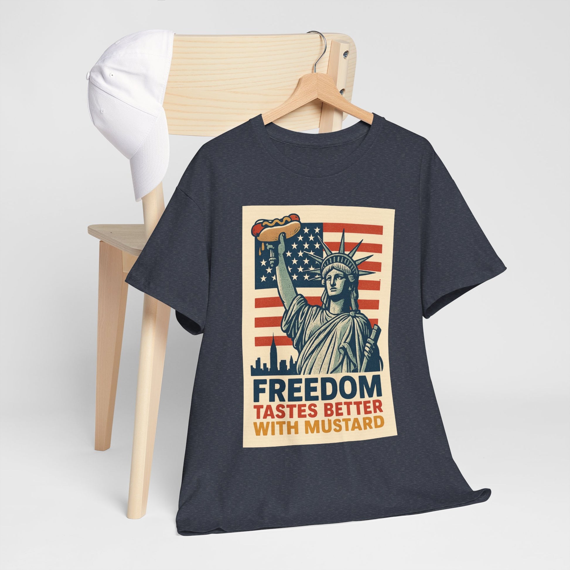 Freedom Tastes Better With Mustard T-Shirt – Funny 4th of July Hot Dog Tee, Patriotic Graphic Shirt for Men & Women