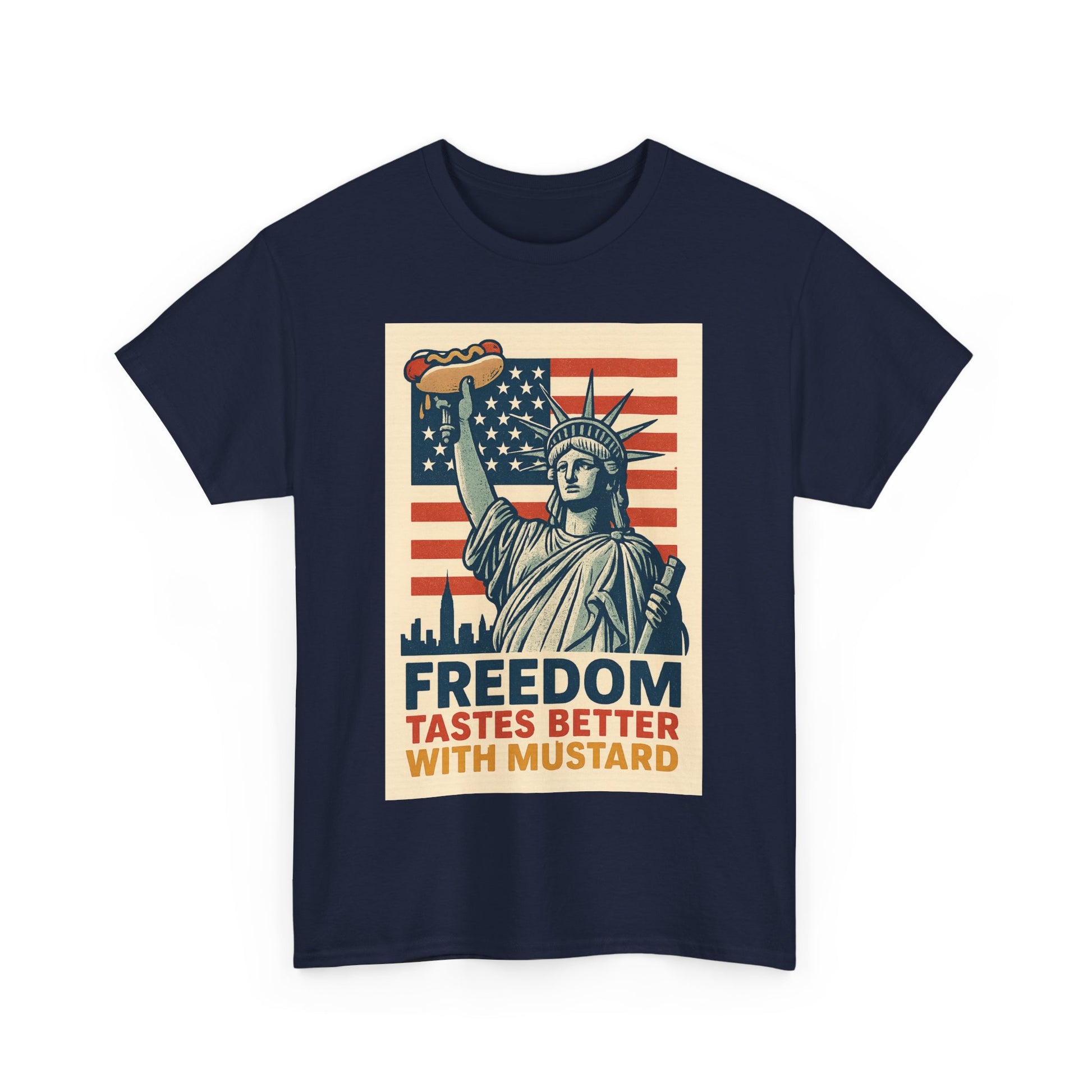Freedom Tastes Better With Mustard T-Shirt – Funny 4th of July Hot Dog Tee, Patriotic Graphic Shirt for Men & Women