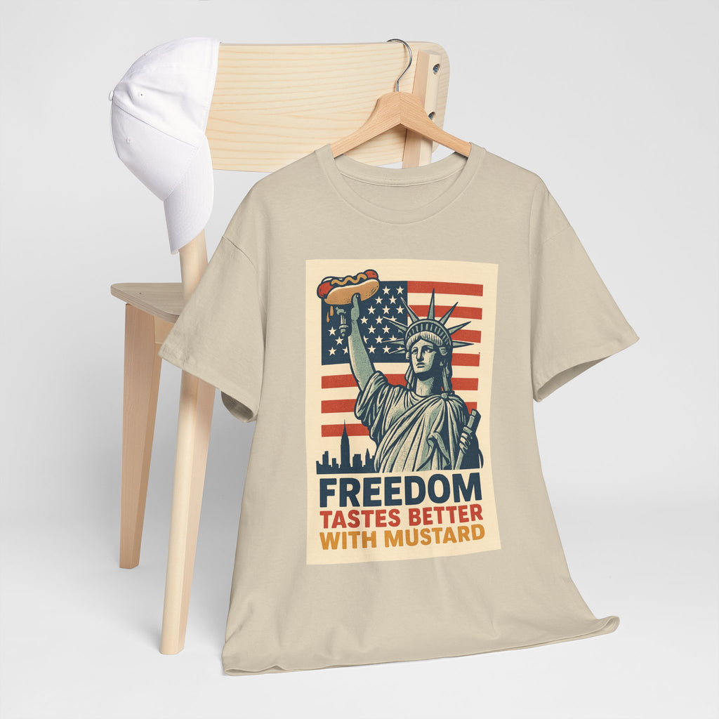 Freedom Tastes Better With Mustard T-Shirt – Funny 4th of July Hot Dog Tee, Patriotic Graphic Shirt for Men & Women