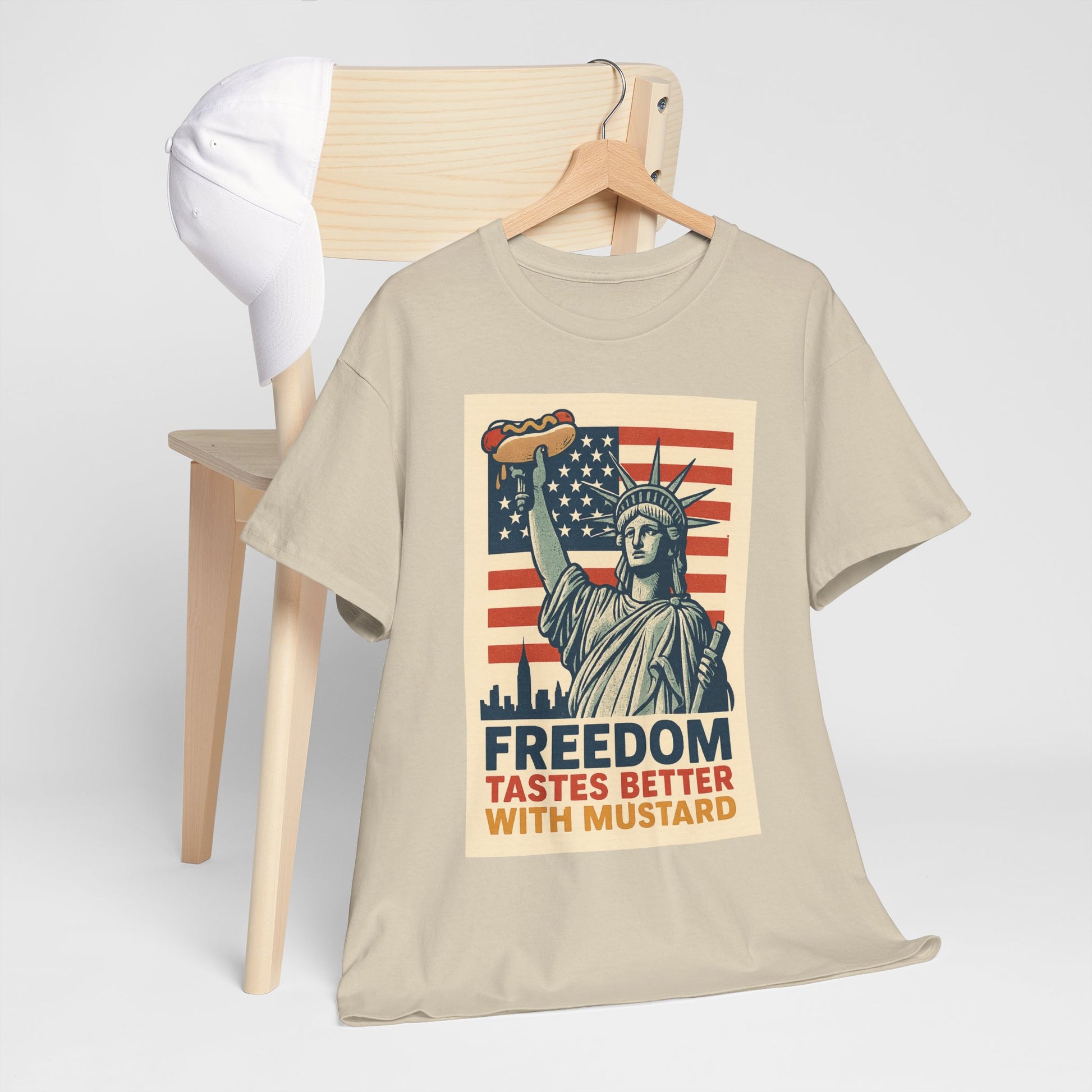 Freedom Tastes Better With Mustard T-Shirt – Funny 4th of July Hot Dog Tee, Patriotic Graphic Shirt for Men & Women