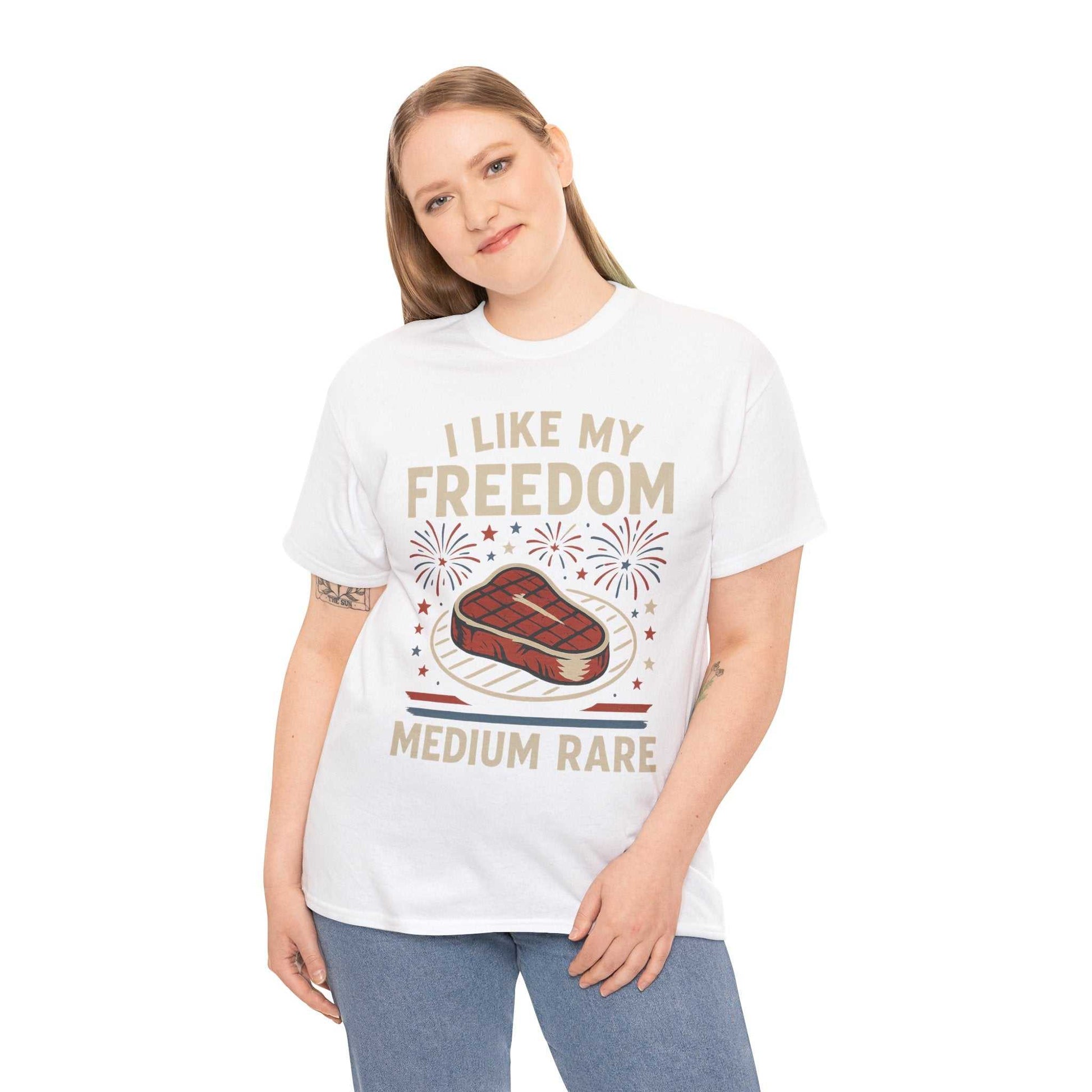 I Like My Freedom Medium Rare T-Shirt – Funny Patriotic BBQ Shirt for Men & Women, 4th of July USA Tee