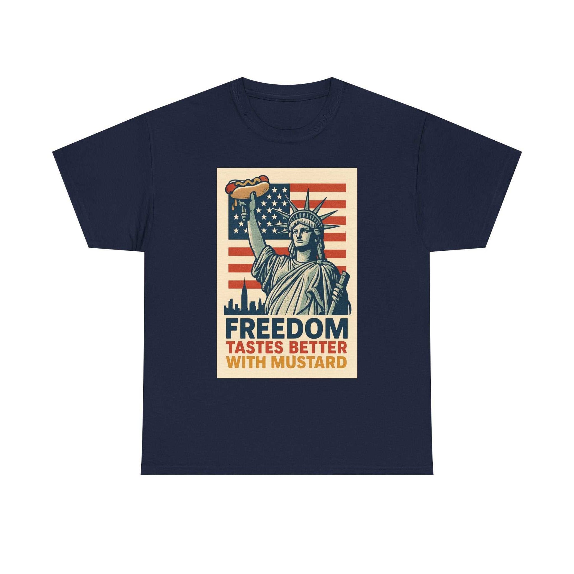 Freedom Tastes Better With Mustard T-Shirt – Funny 4th of July Hot Dog Tee, Patriotic Graphic Shirt for Men & Women