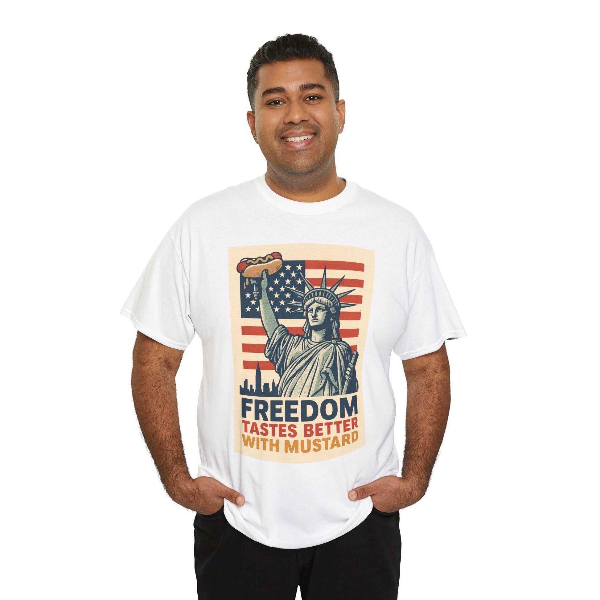 Freedom Tastes Better With Mustard T-Shirt – Funny 4th of July Hot Dog Tee, Patriotic Graphic Shirt for Men & Women