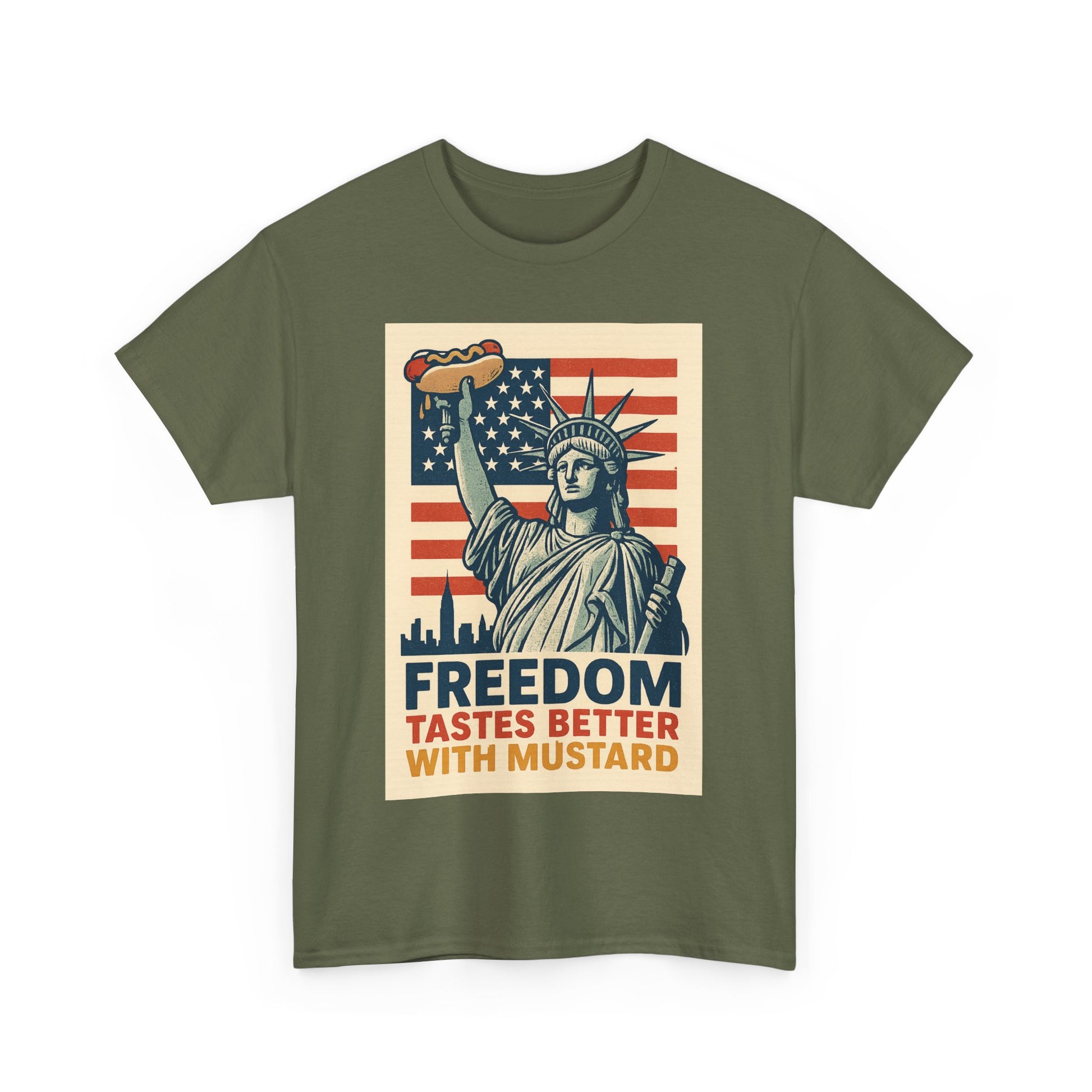 Freedom Tastes Better With Mustard T-Shirt – Funny 4th of July Hot Dog Tee, Patriotic Graphic Shirt for Men & Women