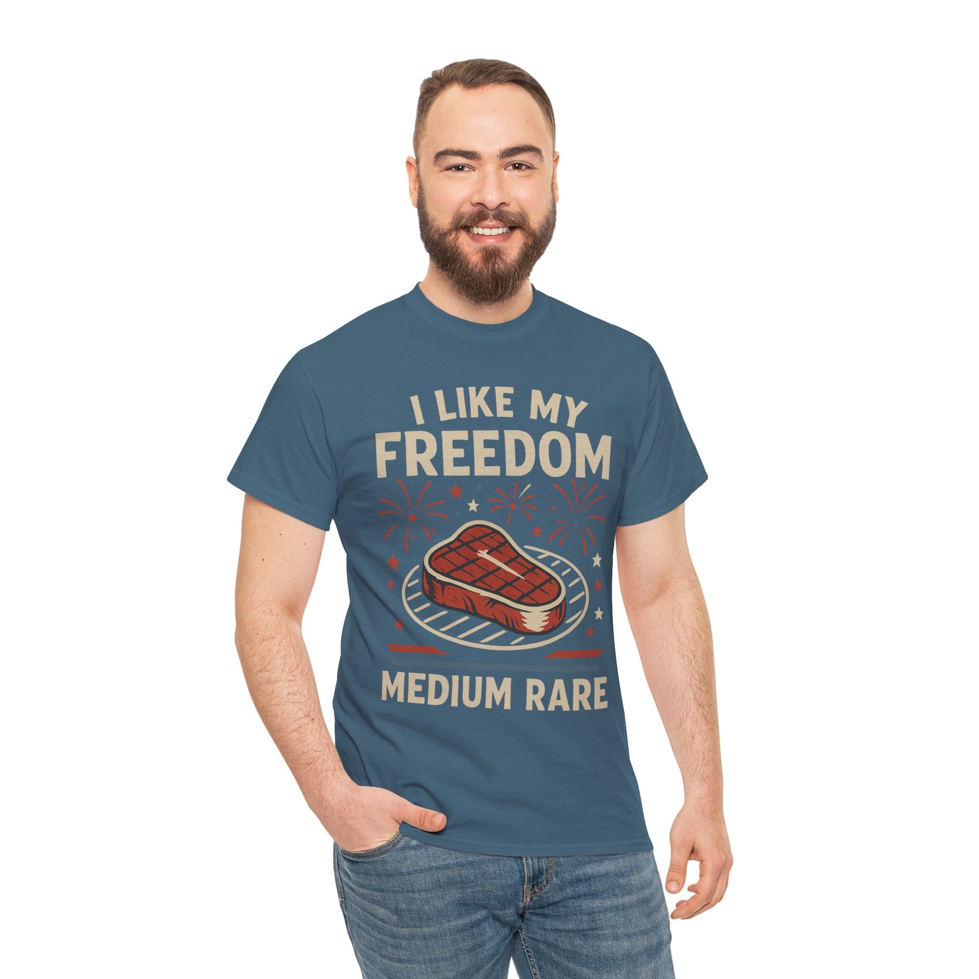 I Like My Freedom Medium Rare T-Shirt – Funny Patriotic BBQ Shirt for Men & Women, 4th of July USA Tee