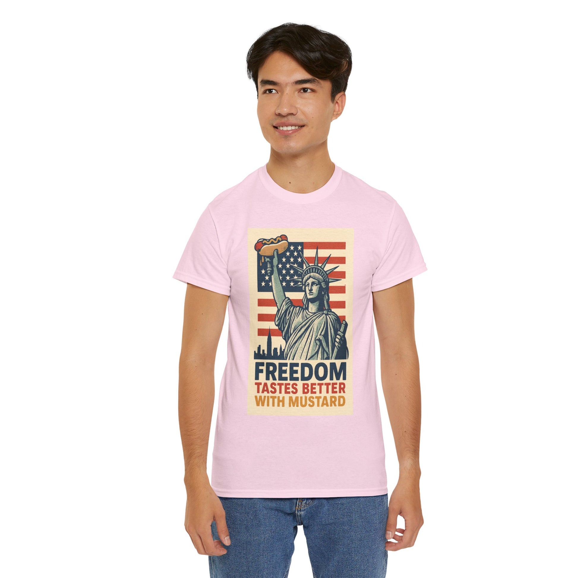 Freedom Tastes Better With Mustard T-Shirt – Funny 4th of July Hot Dog Tee, Patriotic Graphic Shirt for Men & Women