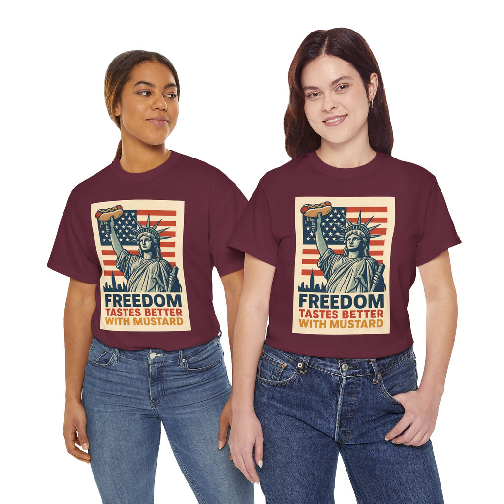 Freedom Tastes Better With Mustard T-Shirt – Funny 4th of July Hot Dog Tee, Patriotic Graphic Shirt for Men & Women