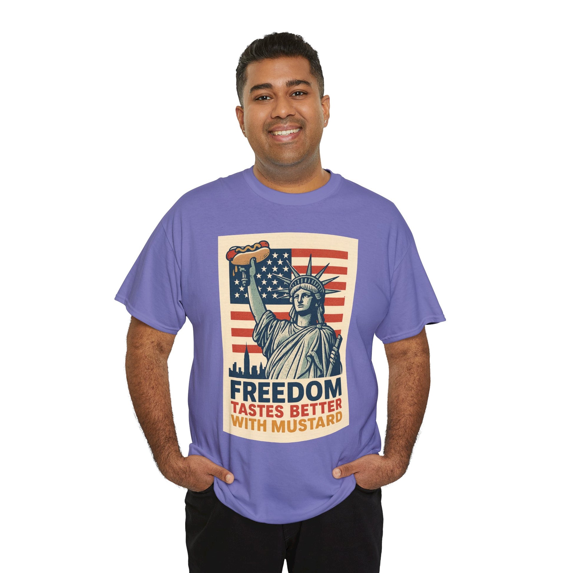 Freedom Tastes Better With Mustard T-Shirt – Funny 4th of July Hot Dog Tee, Patriotic Graphic Shirt for Men & Women
