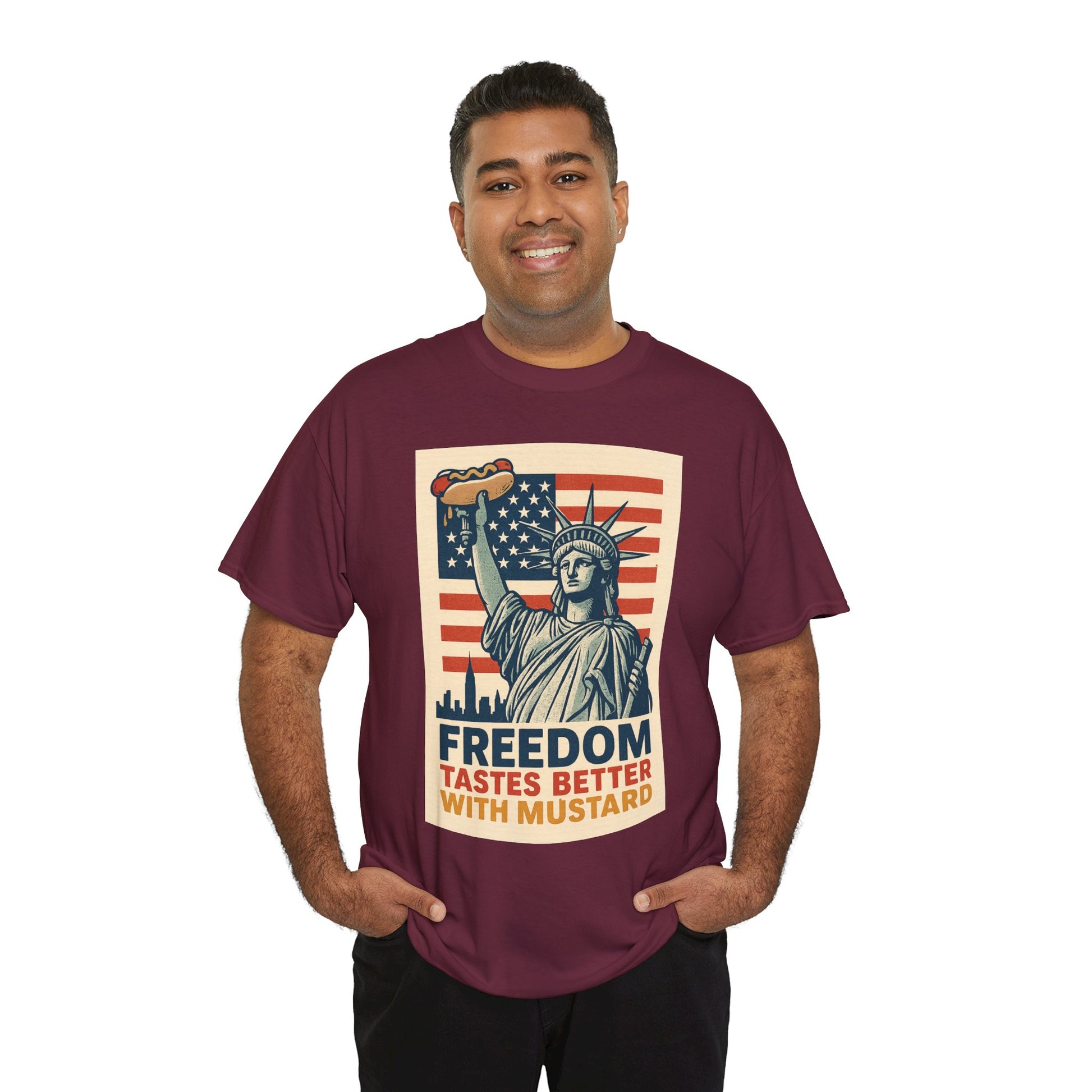 Freedom Tastes Better With Mustard T-Shirt – Funny 4th of July Hot Dog Tee, Patriotic Graphic Shirt for Men & Women