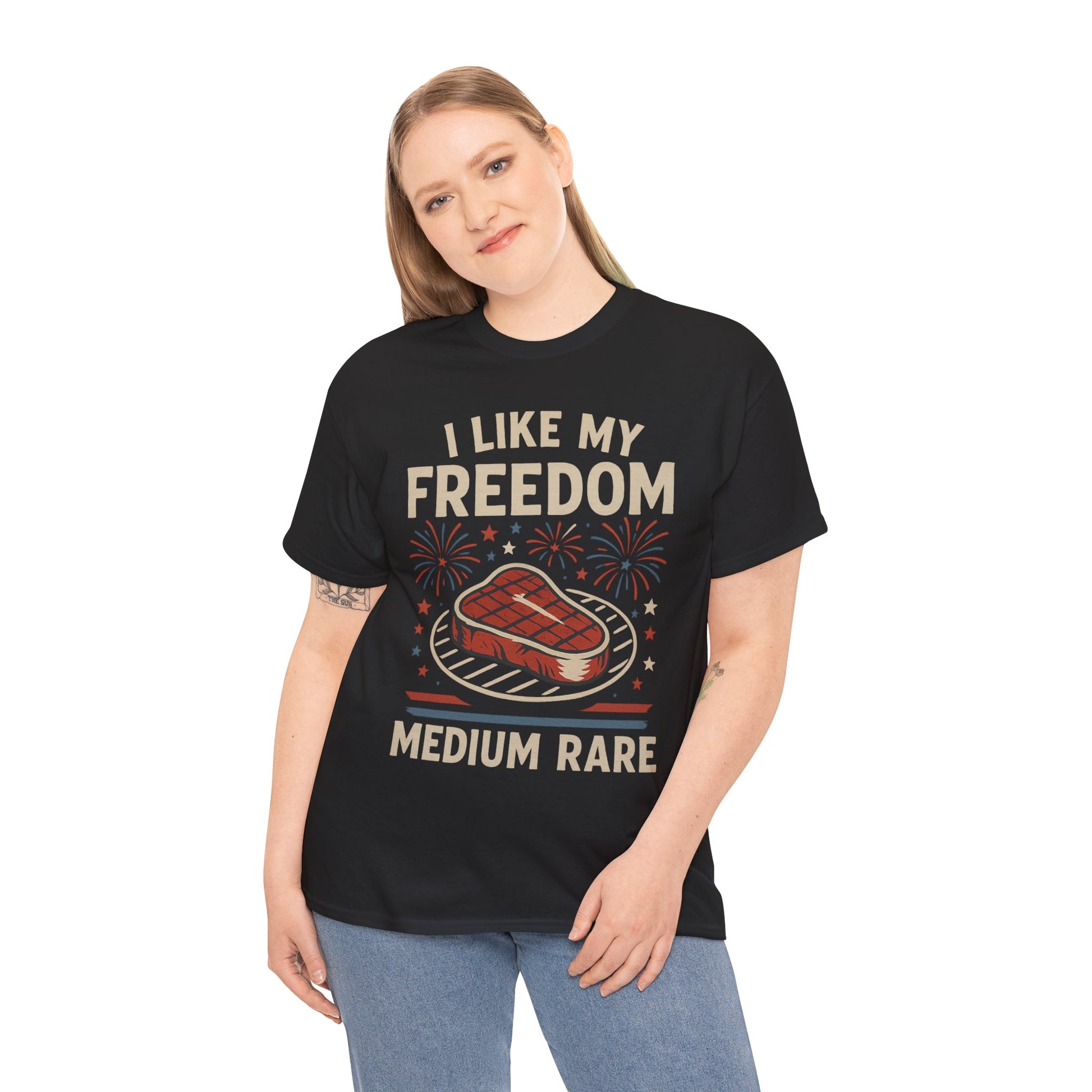 I Like My Freedom Medium Rare T-Shirt – Funny Patriotic BBQ Shirt for Men & Women, 4th of July USA Tee