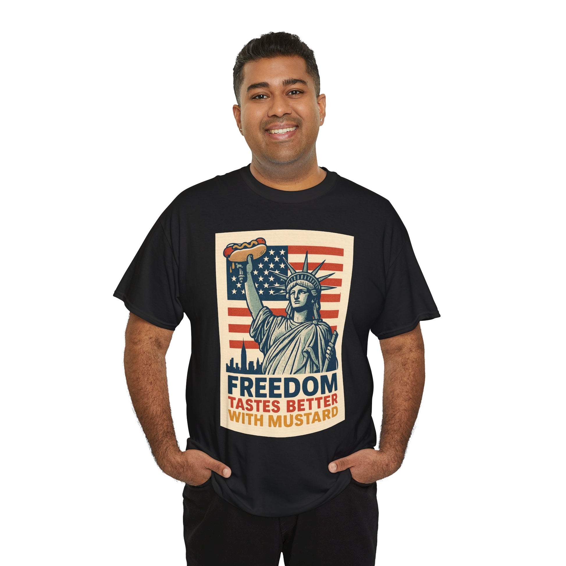 Freedom Tastes Better With Mustard T-Shirt – Funny 4th of July Hot Dog Tee, Patriotic Graphic Shirt for Men & Women