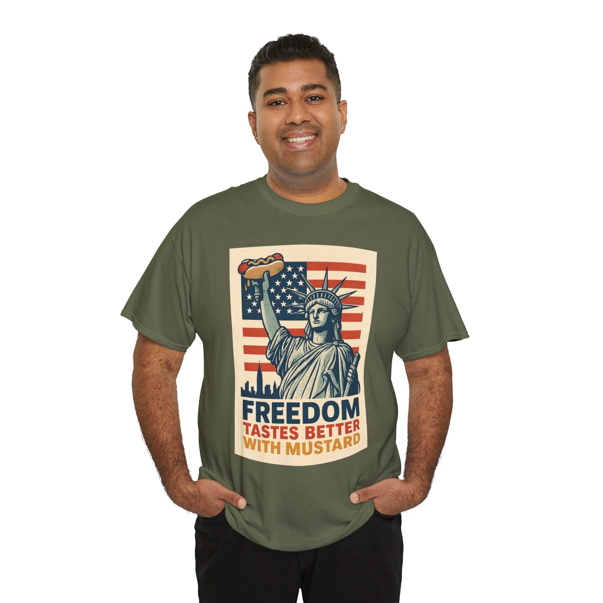 Freedom Tastes Better With Mustard T-Shirt – Funny 4th of July Hot Dog Tee, Patriotic Graphic Shirt for Men & Women