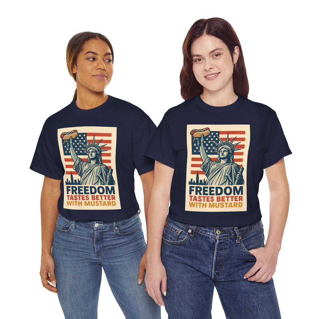 Freedom Tastes Better With Mustard T-Shirt – Funny 4th of July Hot Dog Tee, Patriotic Graphic Shirt for Men & Women
