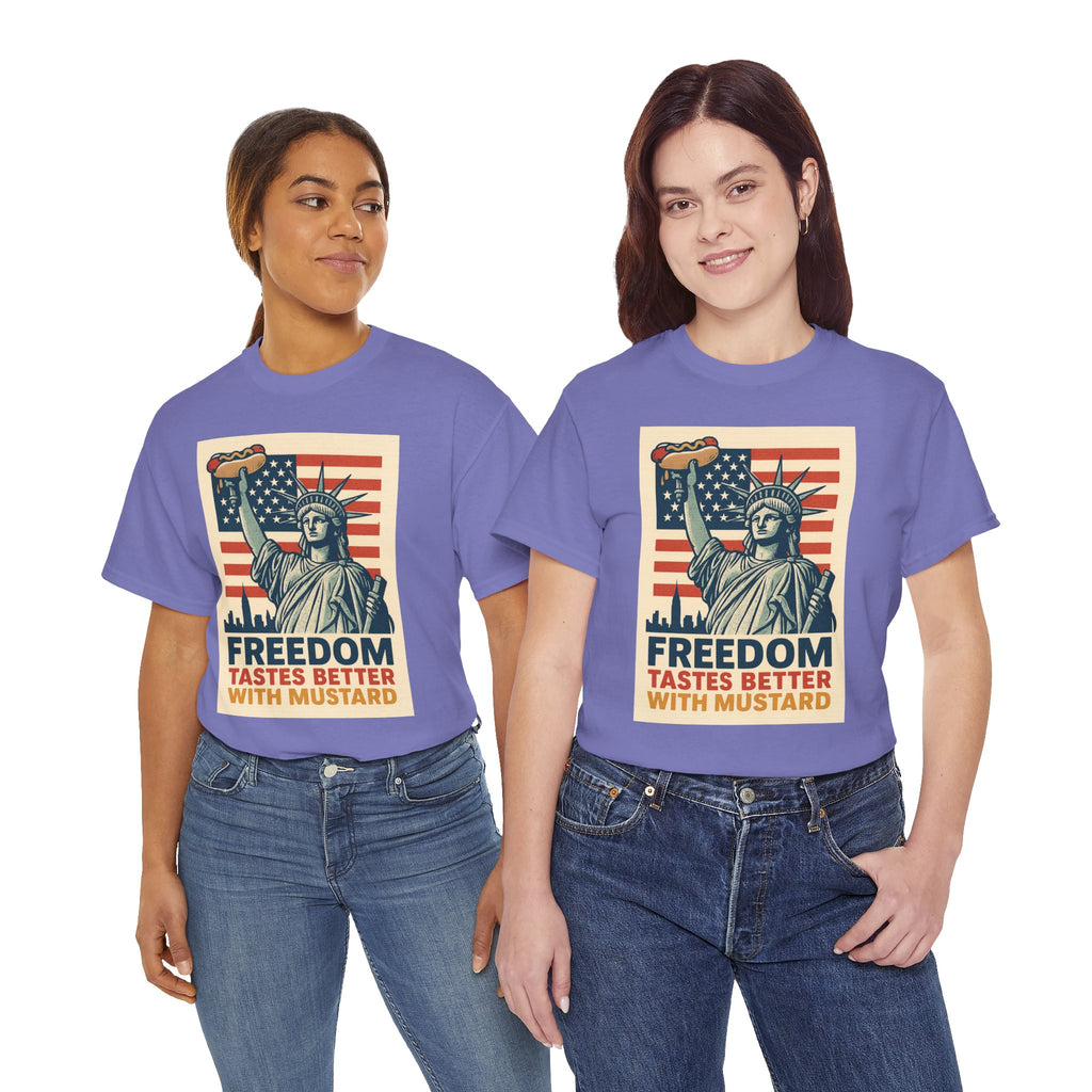 Freedom Tastes Better With Mustard T-Shirt – Funny 4th of July Hot Dog Tee, Patriotic Graphic Shirt for Men & Women