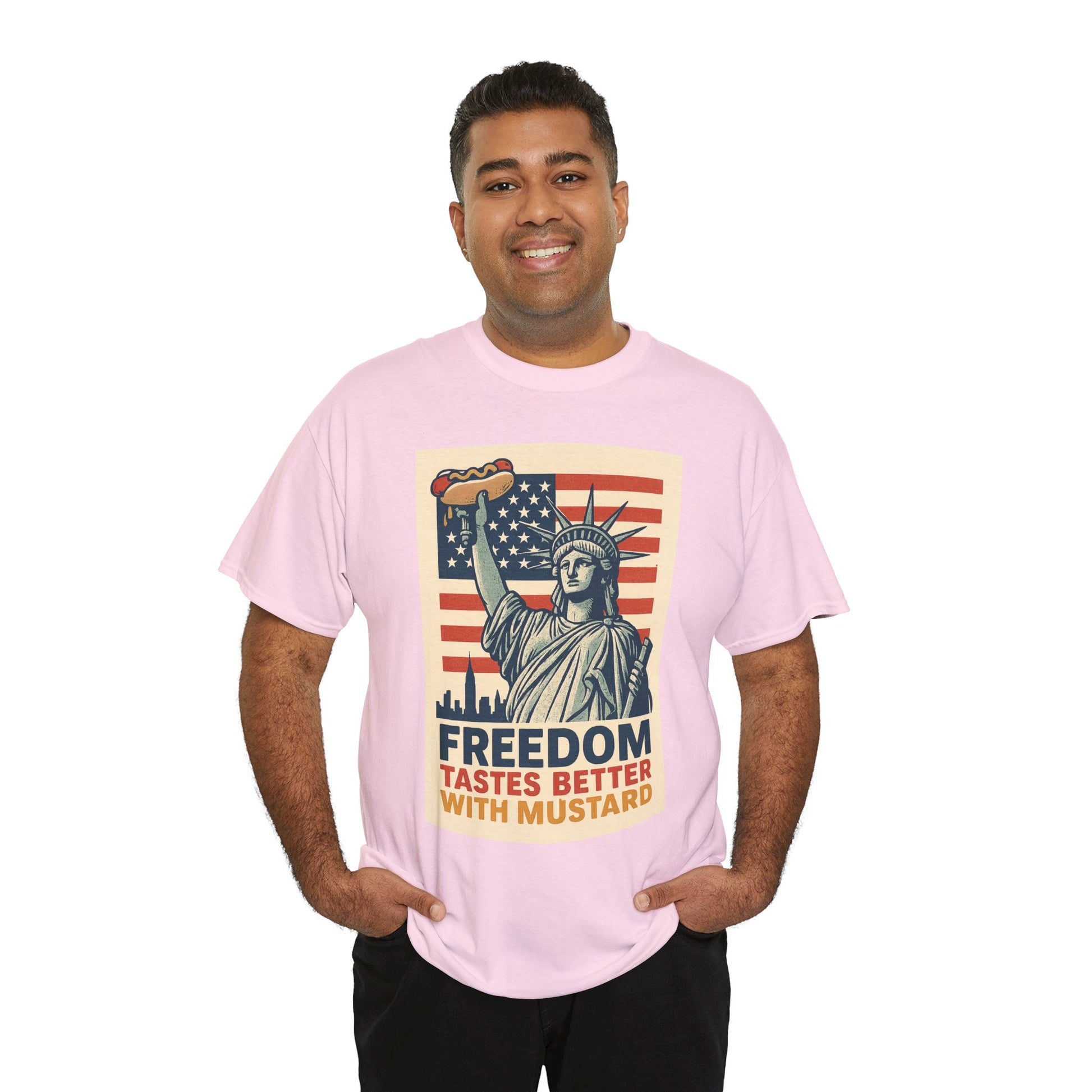 Freedom Tastes Better With Mustard T-Shirt – Funny 4th of July Hot Dog Tee, Patriotic Graphic Shirt for Men & Women