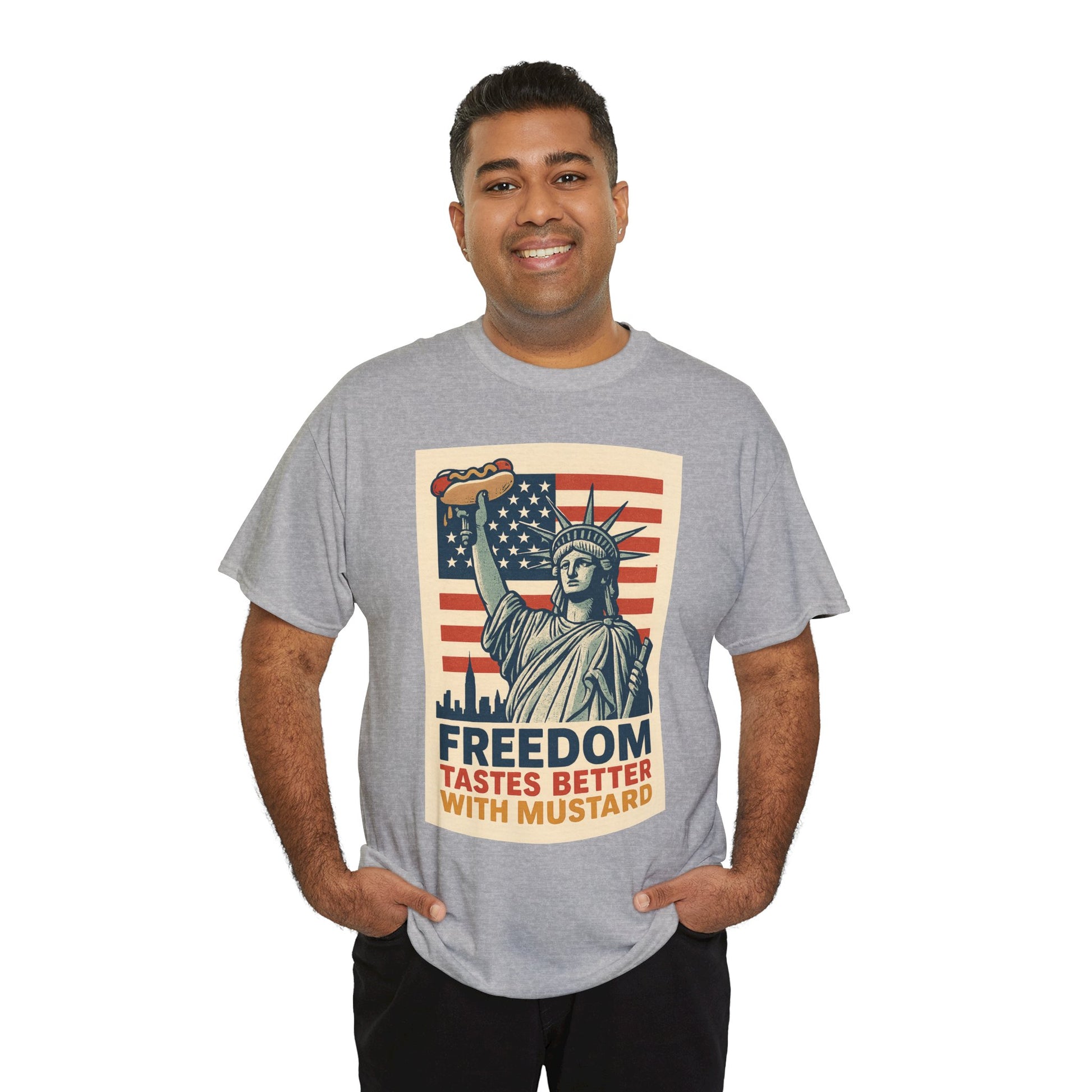 Freedom Tastes Better With Mustard T-Shirt – Funny 4th of July Hot Dog Tee, Patriotic Graphic Shirt for Men & Women