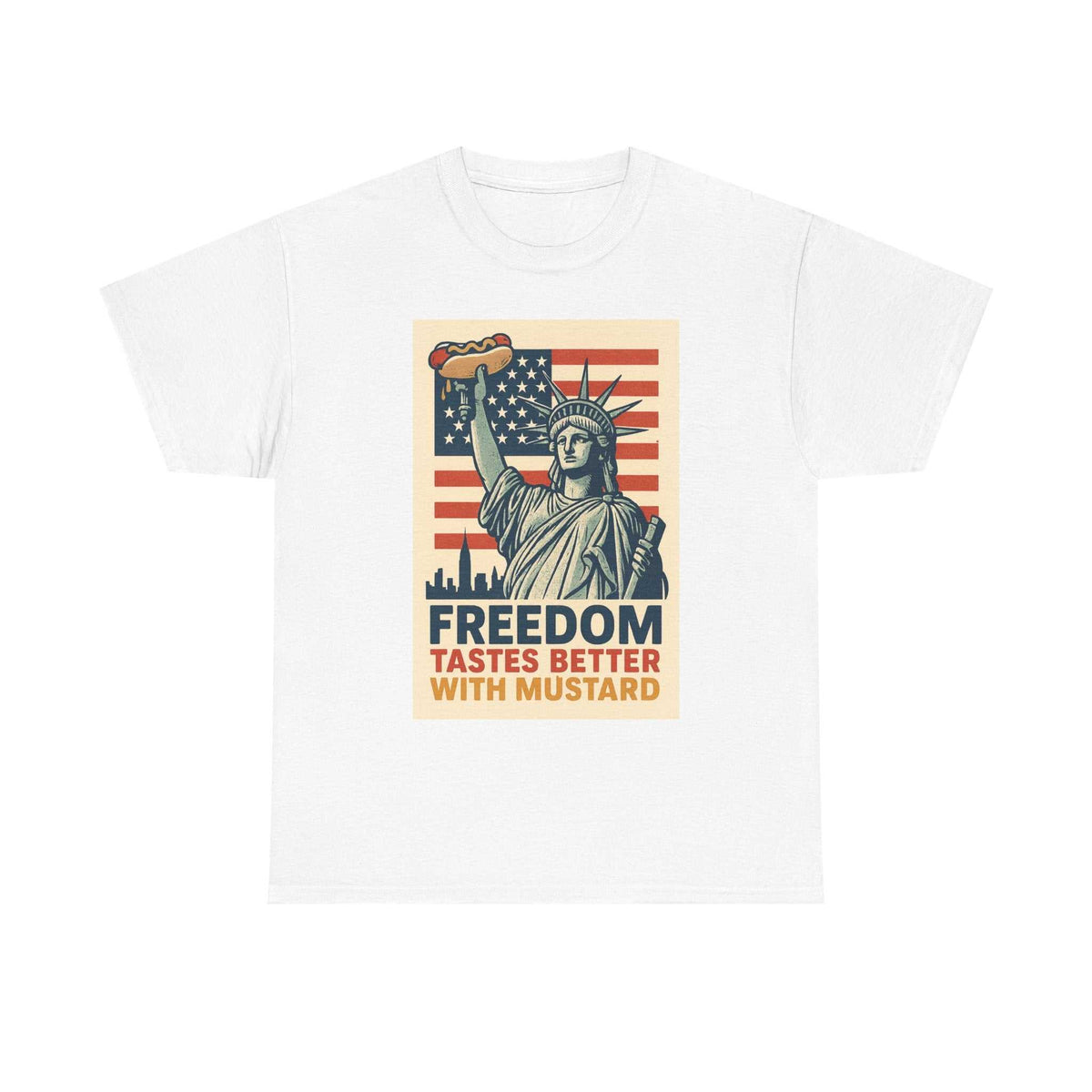 Freedom Tastes Better With Mustard T-Shirt – Funny 4th of July Hot Dog Tee, Patriotic Graphic Shirt for Men & Women