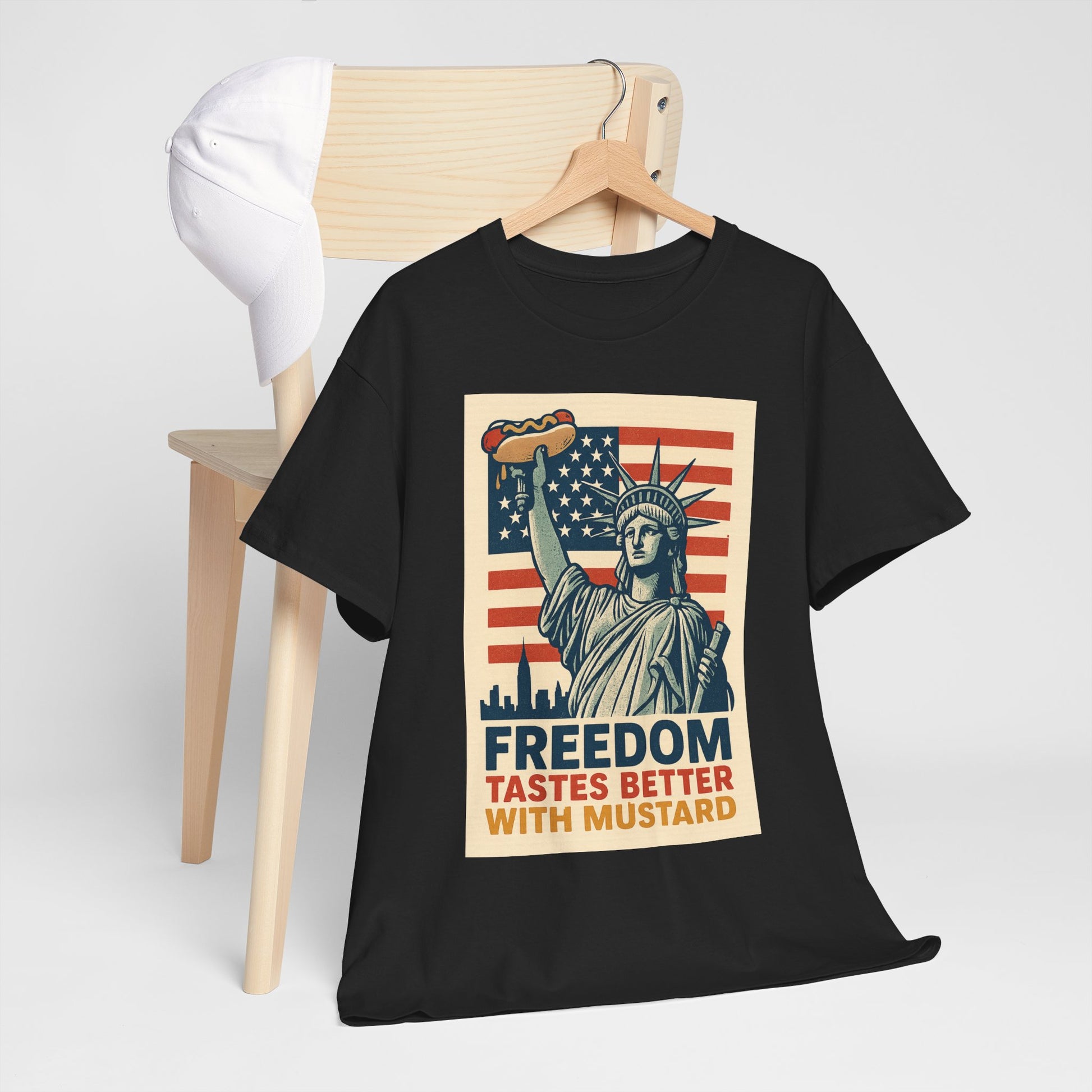 Freedom Tastes Better With Mustard T-Shirt – Funny 4th of July Hot Dog Tee, Patriotic Graphic Shirt for Men & Women