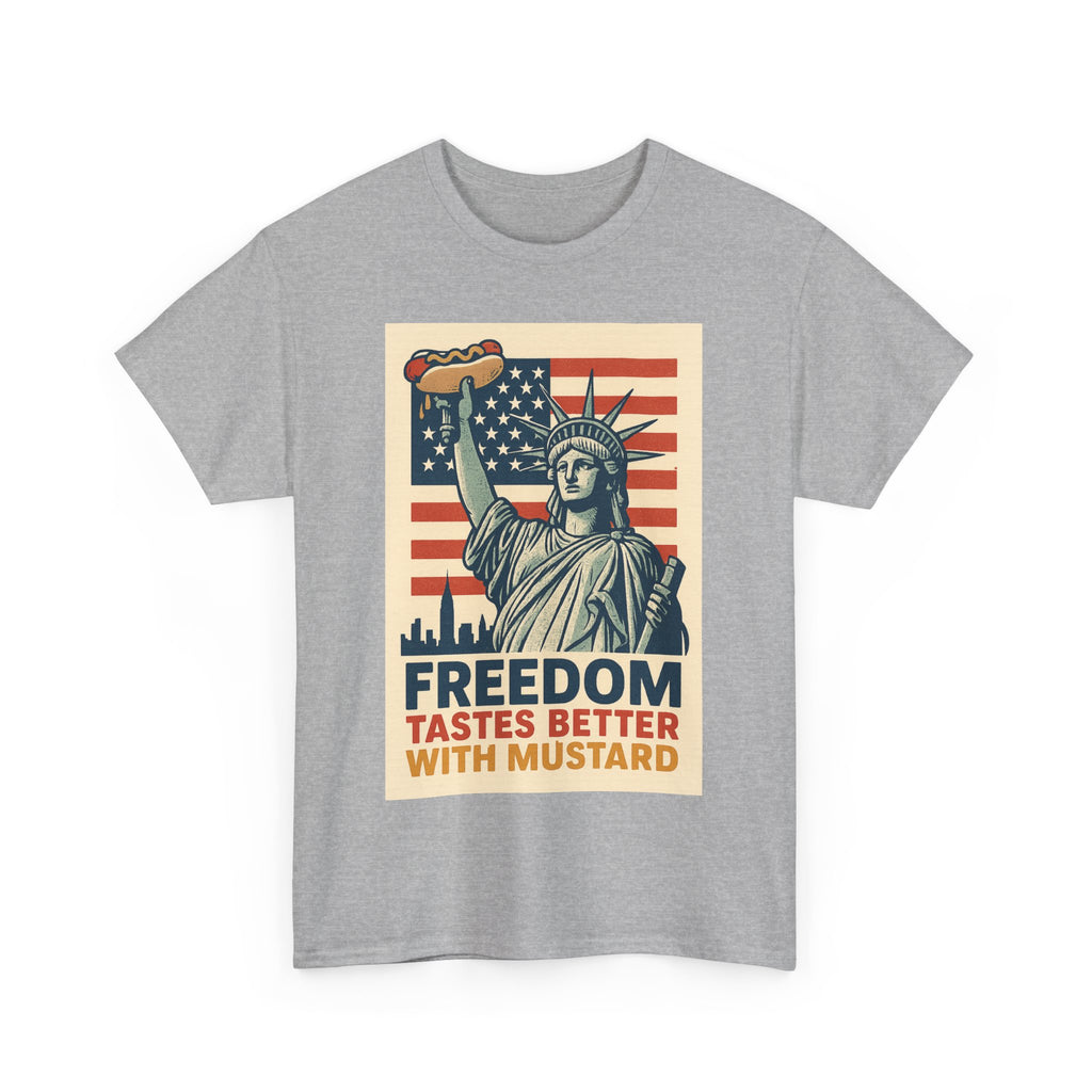 Freedom Tastes Better With Mustard T-Shirt – Funny 4th of July Hot Dog Tee, Patriotic Graphic Shirt for Men & Women