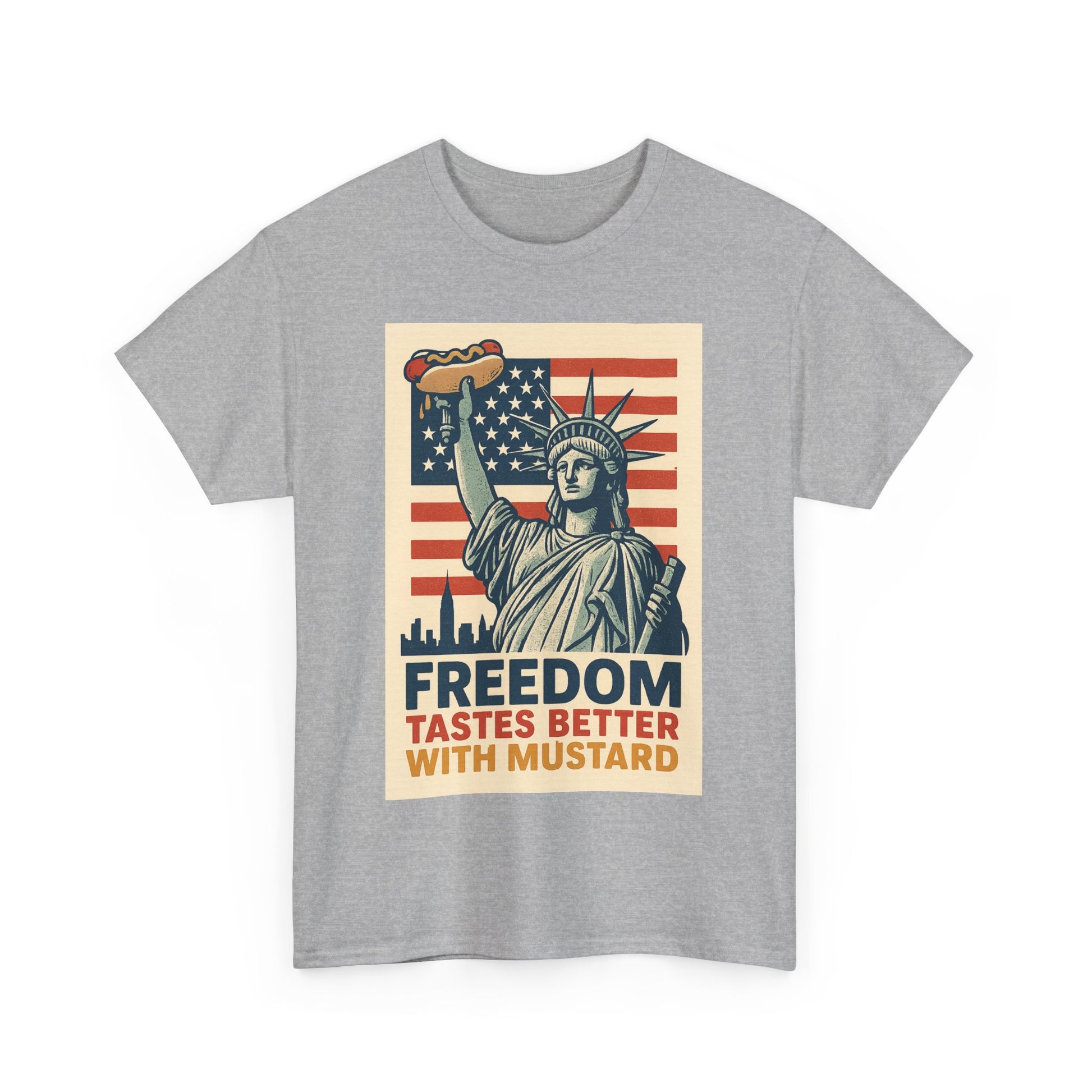 Freedom Tastes Better With Mustard T-Shirt – Funny 4th of July Hot Dog Tee, Patriotic Graphic Shirt for Men & Women