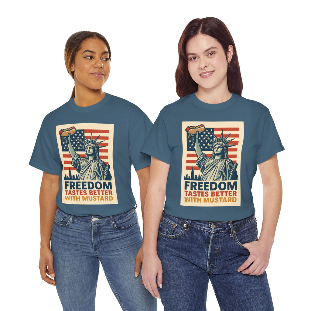 Freedom Tastes Better With Mustard T-Shirt – Funny 4th of July Hot Dog Tee, Patriotic Graphic Shirt for Men & Women