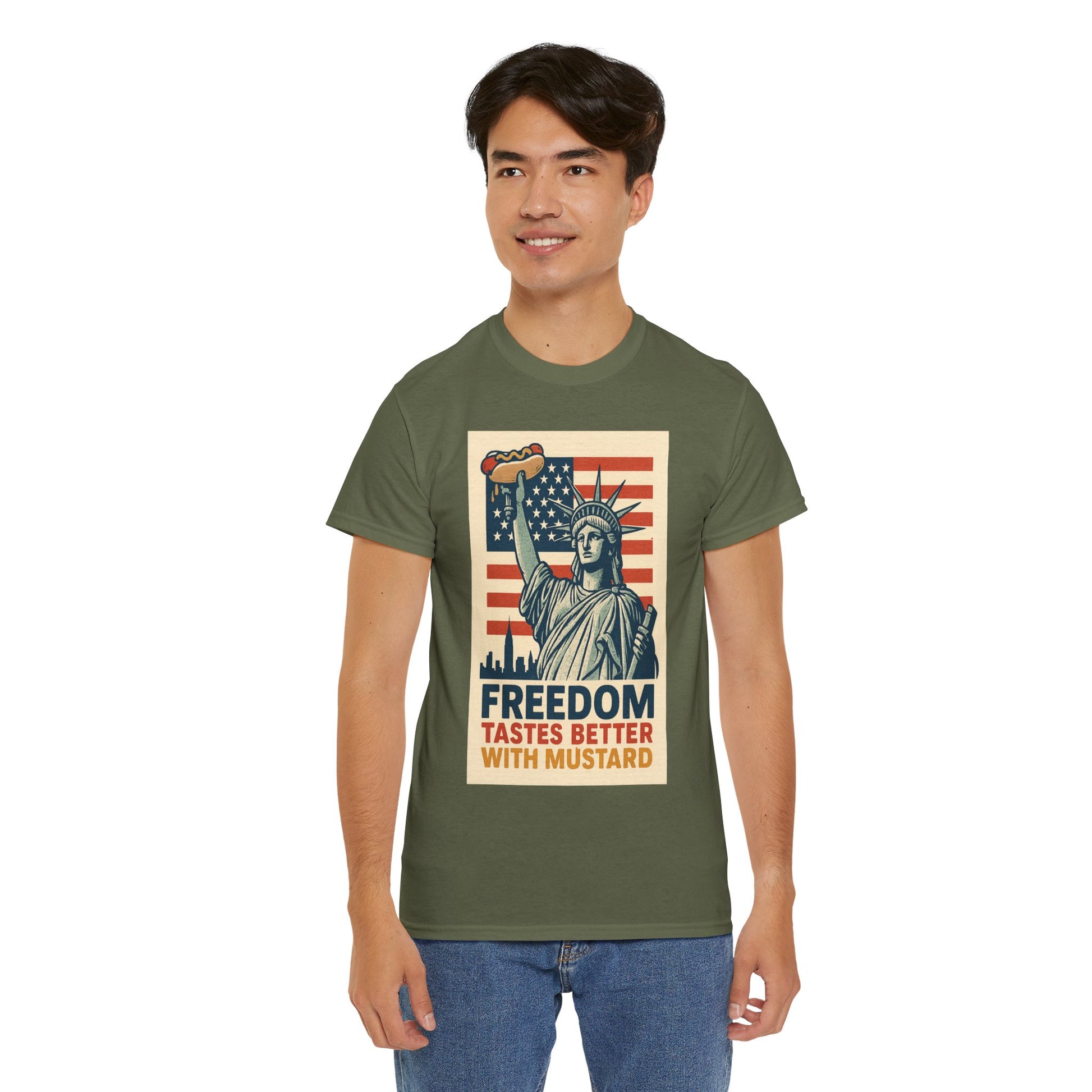 Freedom Tastes Better With Mustard T-Shirt – Funny 4th of July Hot Dog Tee, Patriotic Graphic Shirt for Men & Women